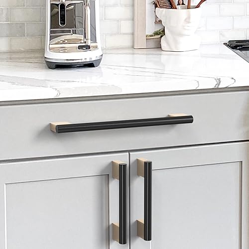 Miniatura 3 de Paquete de 6 tiradores de gabinete de 7.5 pulgadas en negro mate y dorado, manijas moleteadas para gabinetes de cocina, tiradores de cajón,