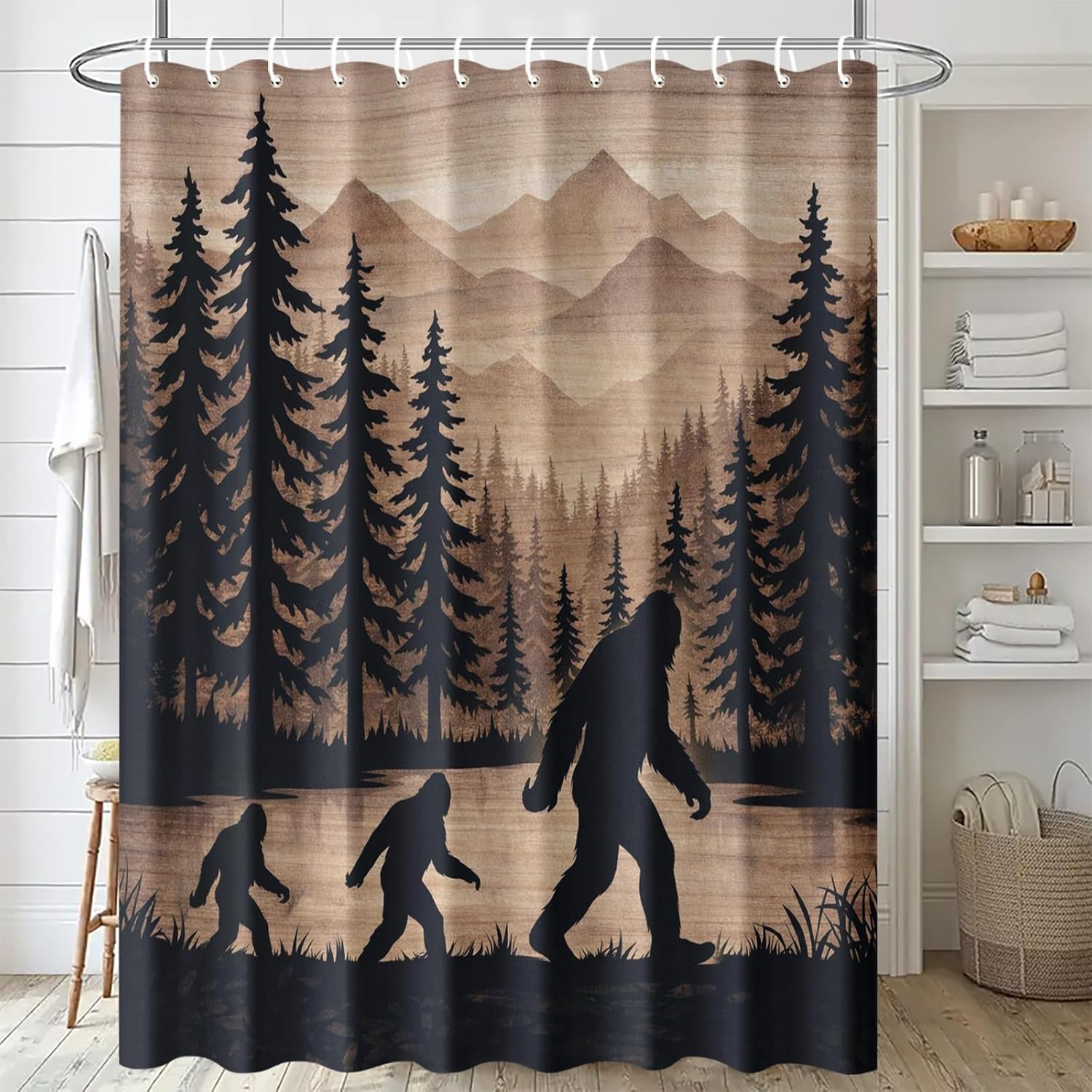 Bigfoot in Forest Shower Curtain 70.8x70.8 Inch with Hooks Sasquatch Silhouette Design Fabric Bathroom Decor Nature Inspired Mountain Landscape Pine Trees for Bathtub