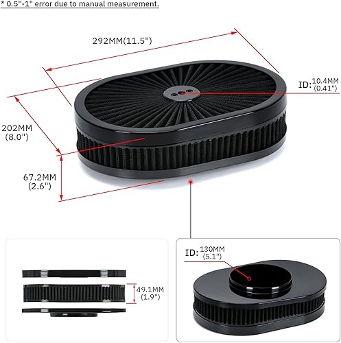 Miniatura 4 de PTNHZ Conjunto de filtro de aire ovalado de 12 x 2 pulgadas, cuello de carbohidratos de 5-18 pulgadas con tapa de flujo pasante, cromado de alto