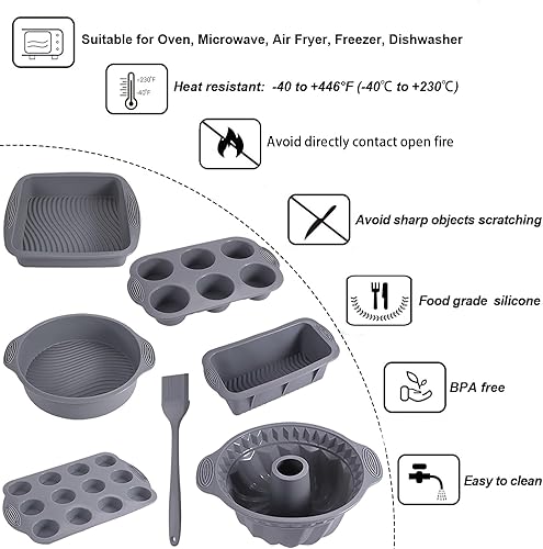 Miniatura 8 de Juego de utensilios de silicona antiadherente 7 en 1 para tartas que incluye molde para hornear, molde para pasteles, molde para pasteles, molde
