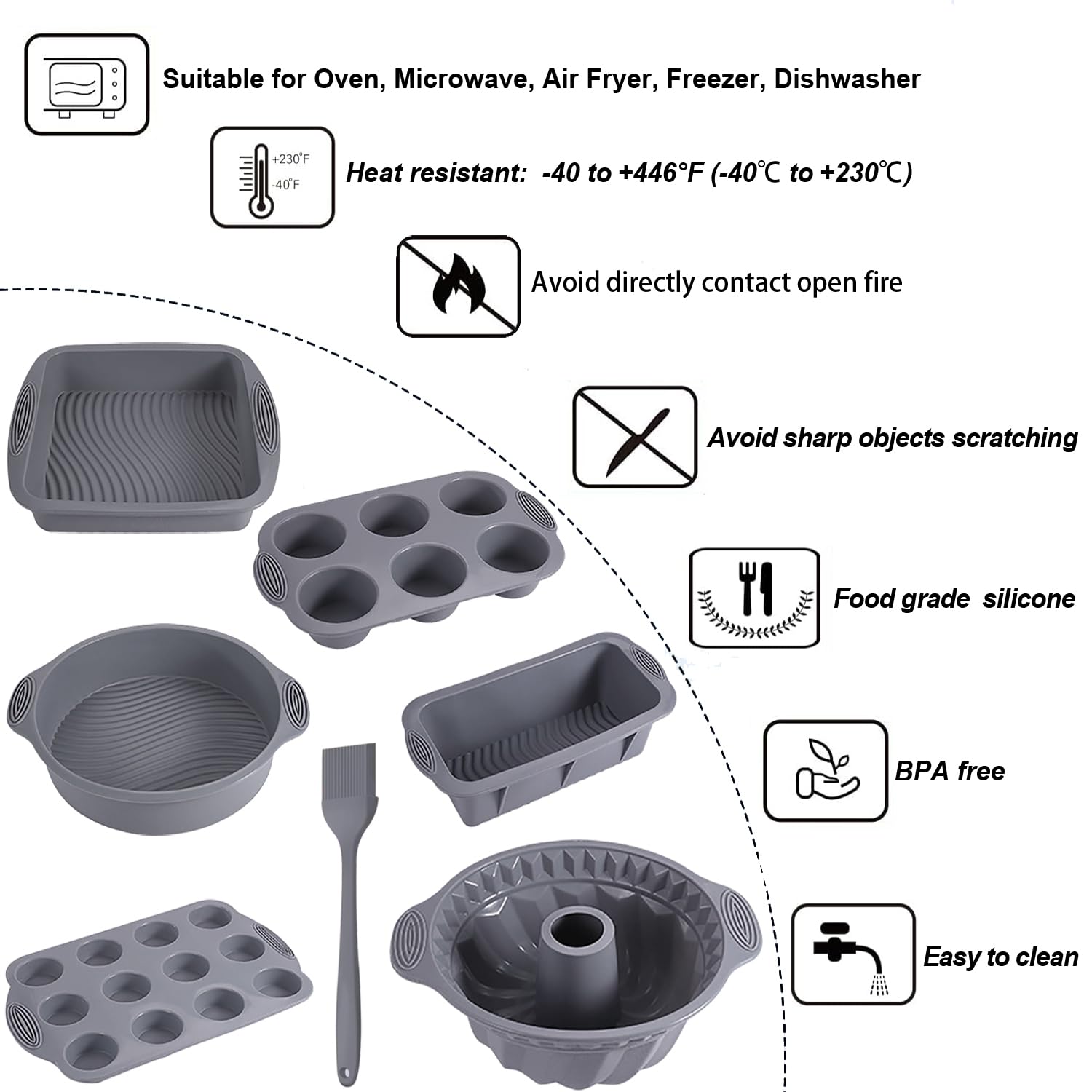 Juego de moldes de silicona antiadherente 7 en 1 para hornear, molde para pasteles, molde para pasteles, molde para tostadas, molde para magdalenas y moldes para magdalenas, juego de