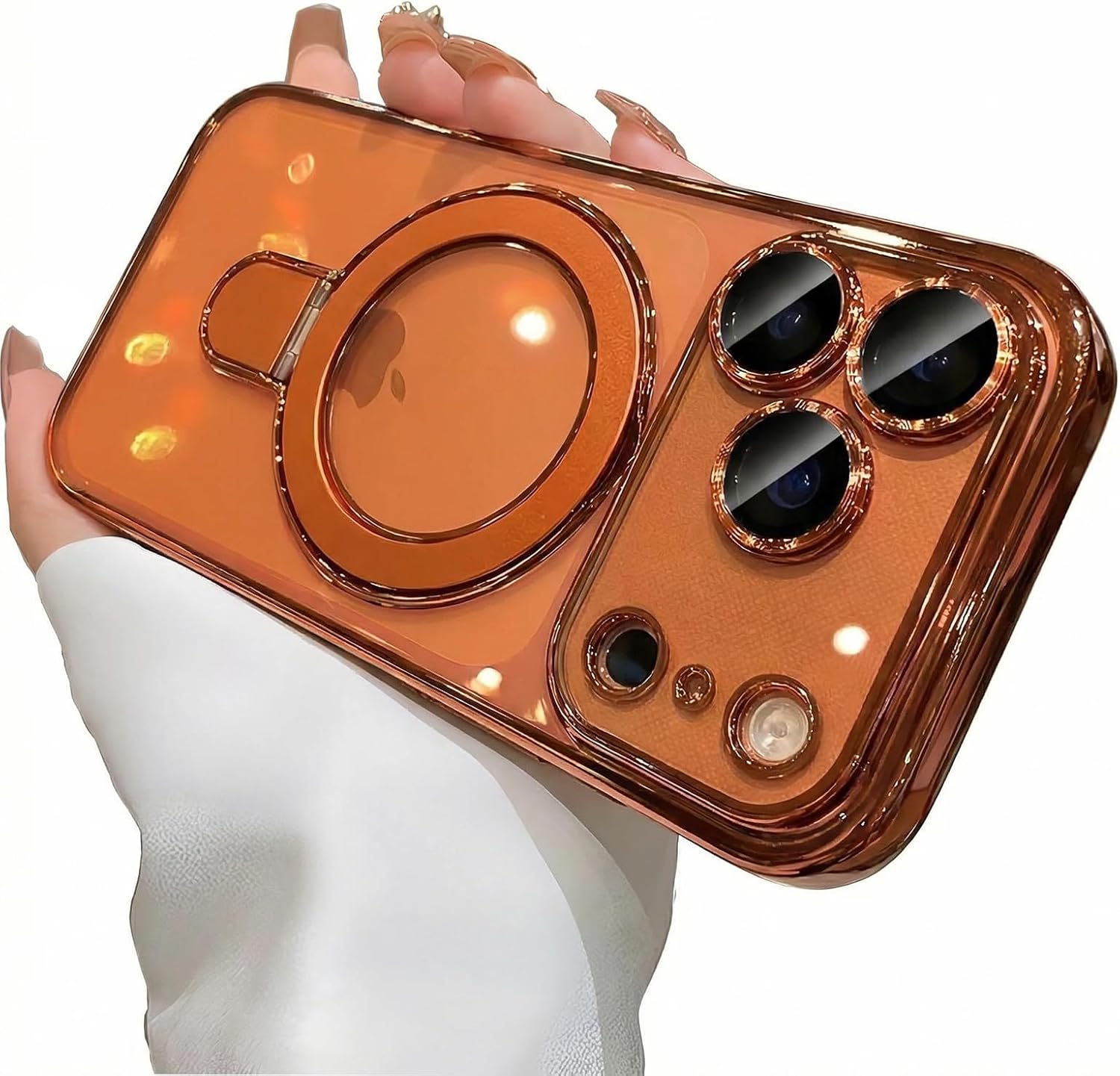 MANLENO Magnetic Case for iPhone 17 Pro Max Case Clear Compatible with MagSafe Invisible Kickstand Lens Protector Plating Soft Protective Phone Case (Orange)