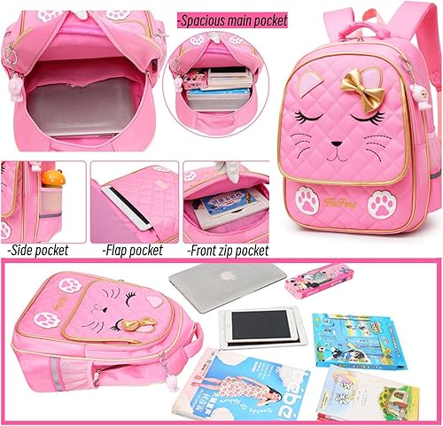 Miniatura 5 de Mochila con ruedas para niñas, mochila escolar, con estampado de cara de gato, equipaje de mano con ruedas, 2 Ruedas Negro, L, Estilo A -2 Ruedas