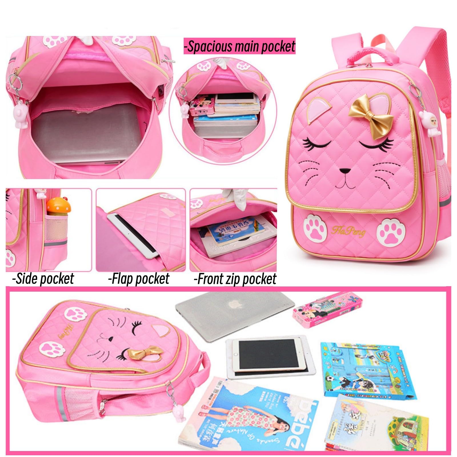 MITOWERMI Mochila con ruedas para niñas, mochila escolar con cara de gato, mochilas para niños con ruedas, equipaje de viaje