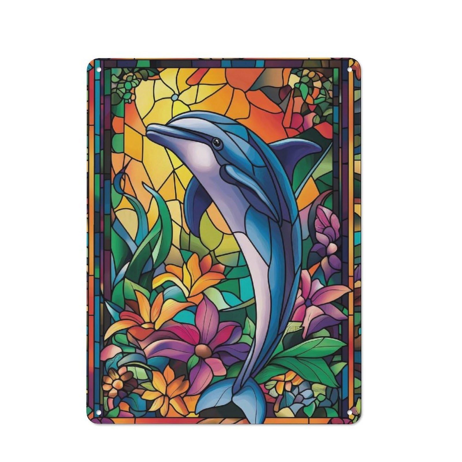 Junmoney Dolphin Stained Glass Rustic Metal Plaque 40X30cm For Lounge Or Reading Corner, For Home Office, Studio And Craft Room Walls
