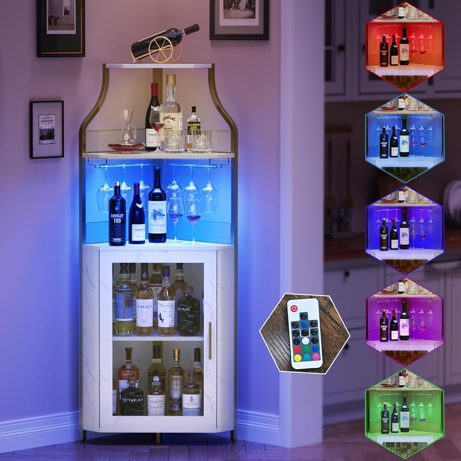 TrailBlaze Corner Bar Cabinet with LED Lights, Wine Bar Cabinet with Adjustable Shelf and Glass Holder 5-Tiers Storage Space Corner Liquor Cabinet Industrial Liquor Cabinet for Small Space, Gold