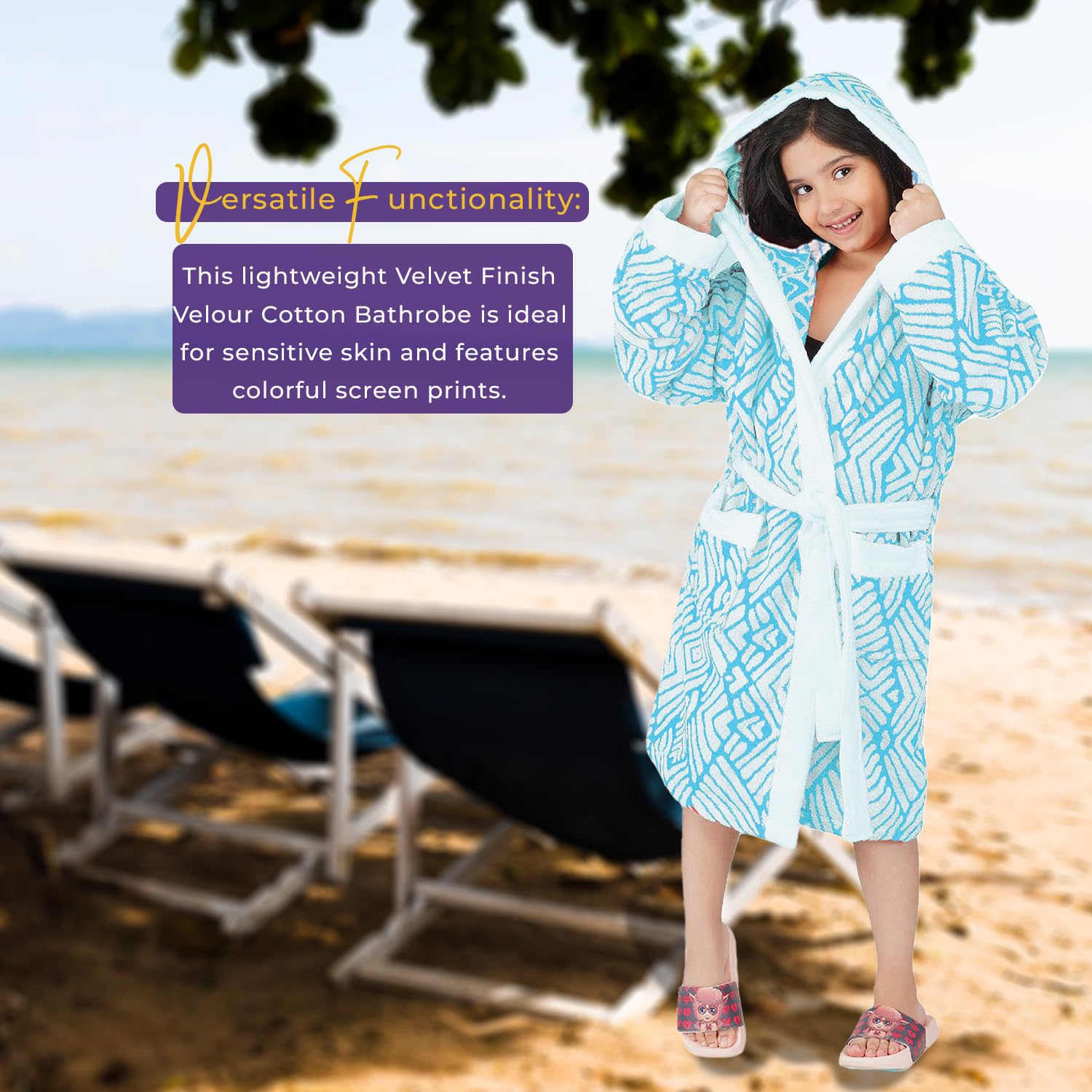 RANGOLI 100% Cotton Terry Hooded Knee Length Bathrobe for Kids, Unisex Bath Robe for Boys & Girls with 400 GSM Fabric and Stylish Printed Design (Blue - 13 to 14 Years) |Jacquard Collection 4