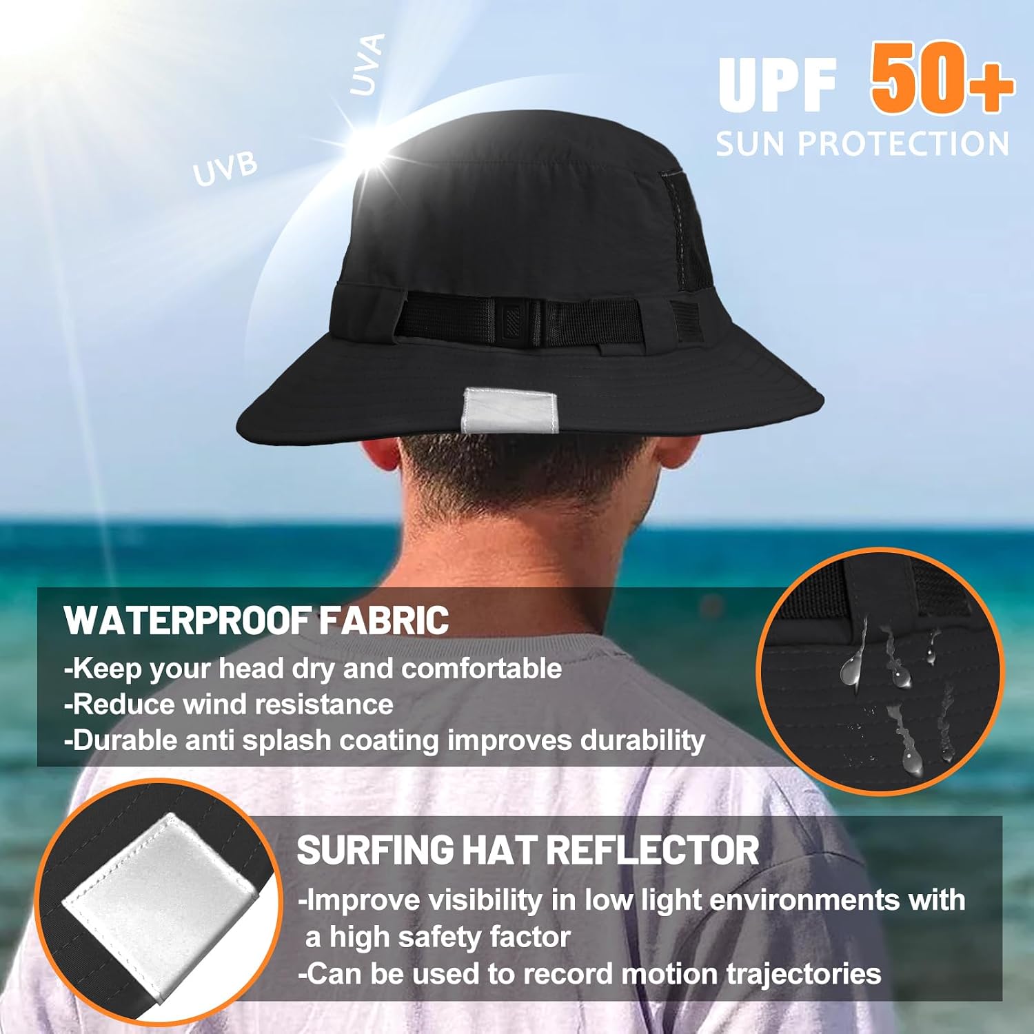 Seektop Surf Bucket Hat with UPF 50+ UV Protection, Waterproof Surfing Hat | Windproof Foldable Sun Hat with Adjustable Chin Strap, Sun Protection Lightweight, Breathable for Water Sports, Men & Women