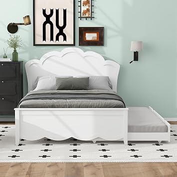 Full Size White Bed Frame with Twin Size Trundle, Heavy Duty Wood Platform Bed with Headboard and Footboard, No Box Spring Needed, Strong Wooden Slats, Easy Assembly, Full Size