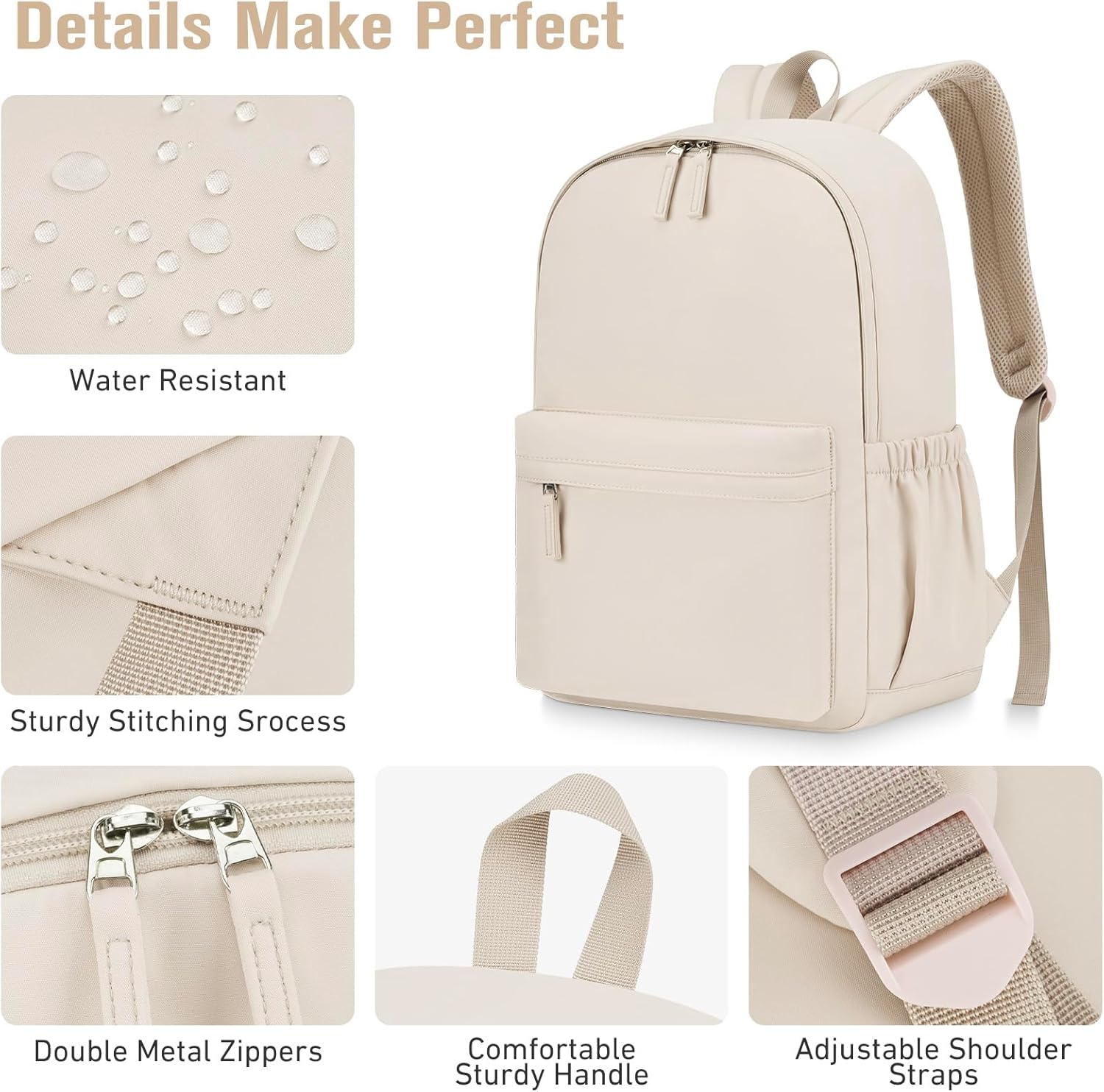 Backpack for Teen Girls Large Middle-School Primary Elementary Students Bookbag 18.5 inch Laptop Bag for Women Lightweight Casual Daypack (Beige)
