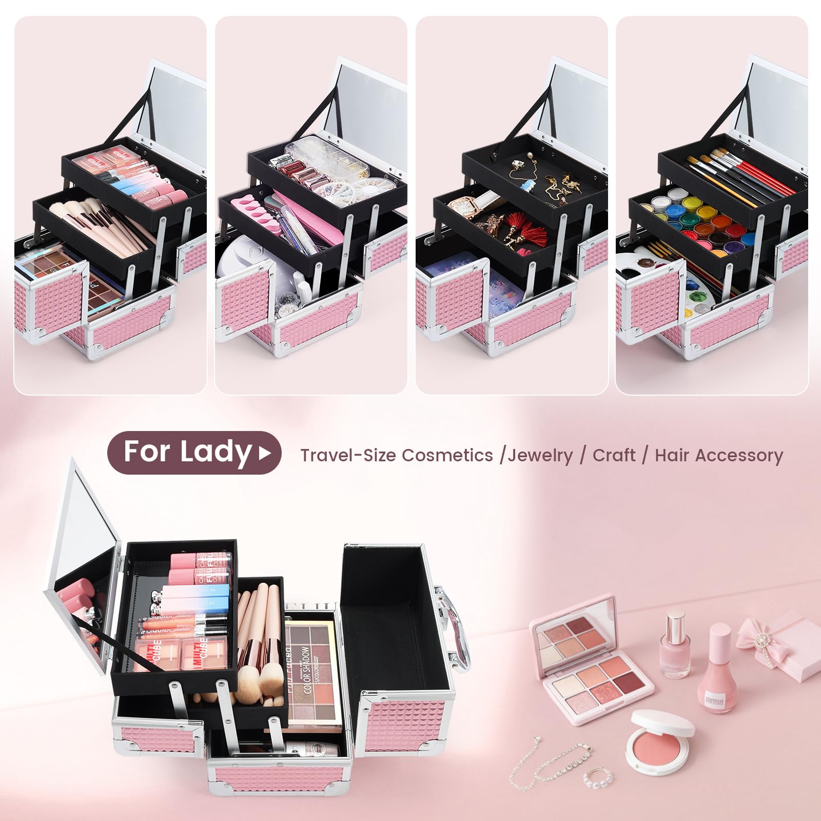 FRENESSA Makeup Train Case Organizer with Mirror and Lockable Storage