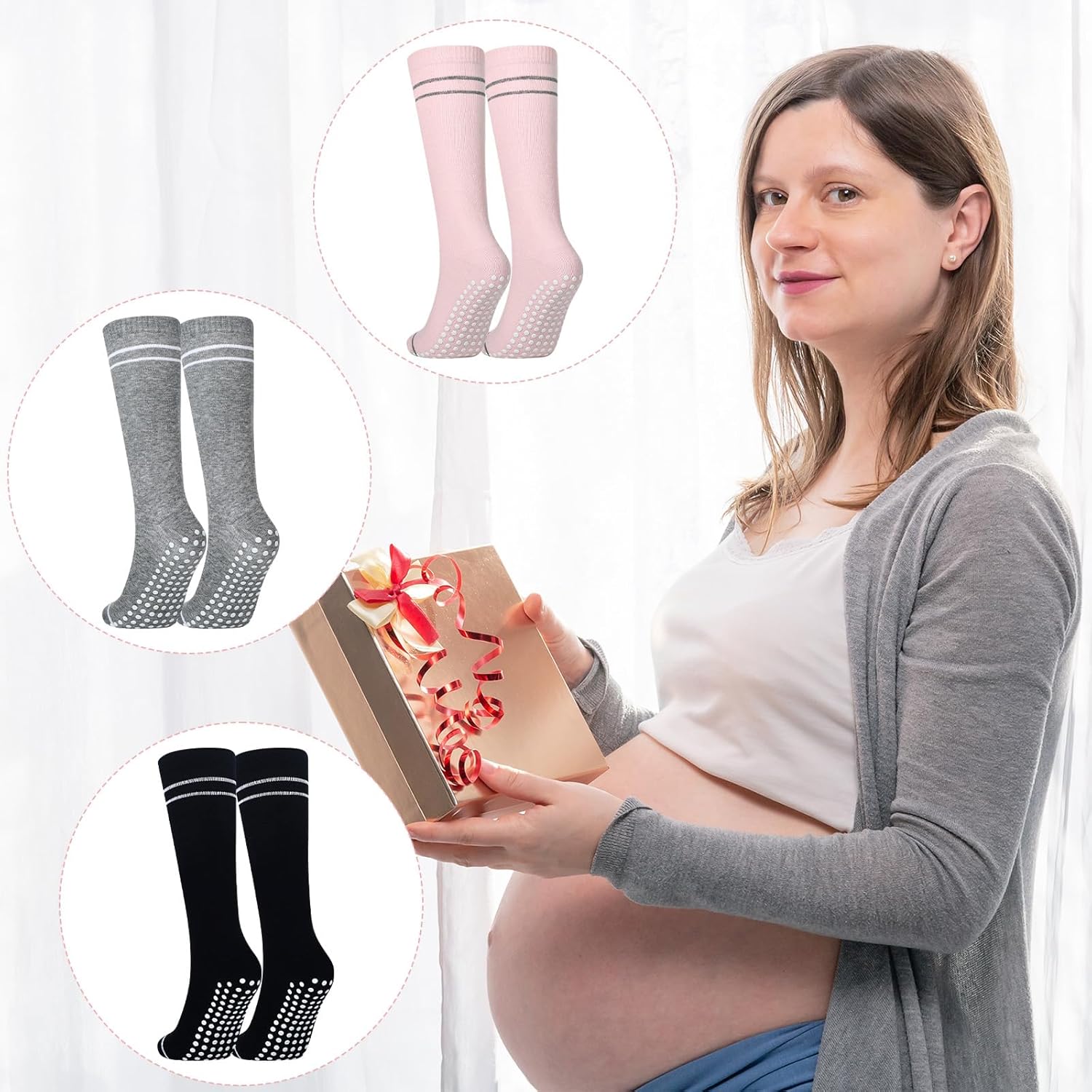 6 Pair Pregnancy Compression Socks with Grip Non Slip 20-30 Mmhg Maternity Anti Skid Graduated Support Compression Stockings for Women Pregnant Nurses Yoga Supply