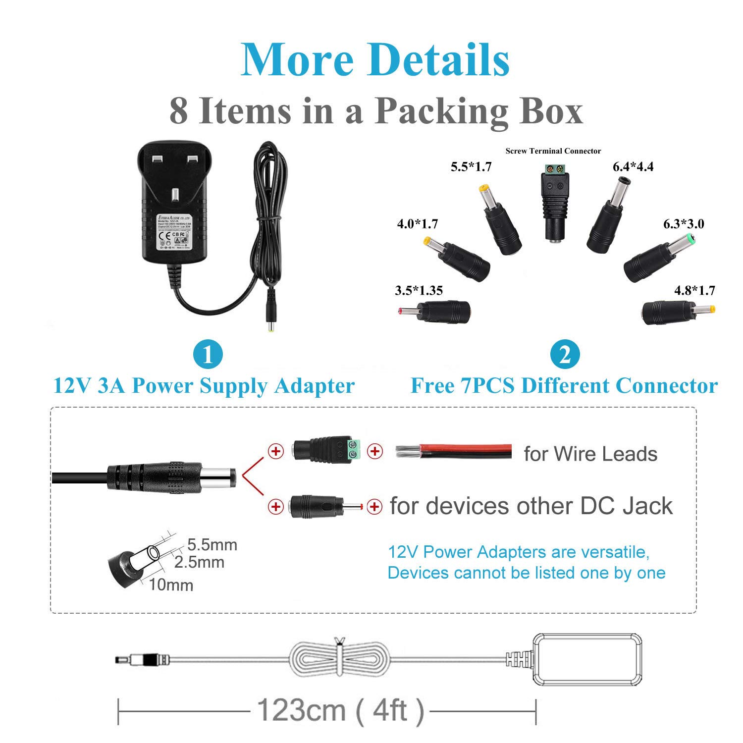 EFISH 12V 3A 36W Power Supply,AC to DC Adapter with 7 Selectable Adapter Conversion Heads fit for Led Strips,CCTV Camera,Cisco Router,Router,Alarm bell,Case Fan,CE Approved — view 7