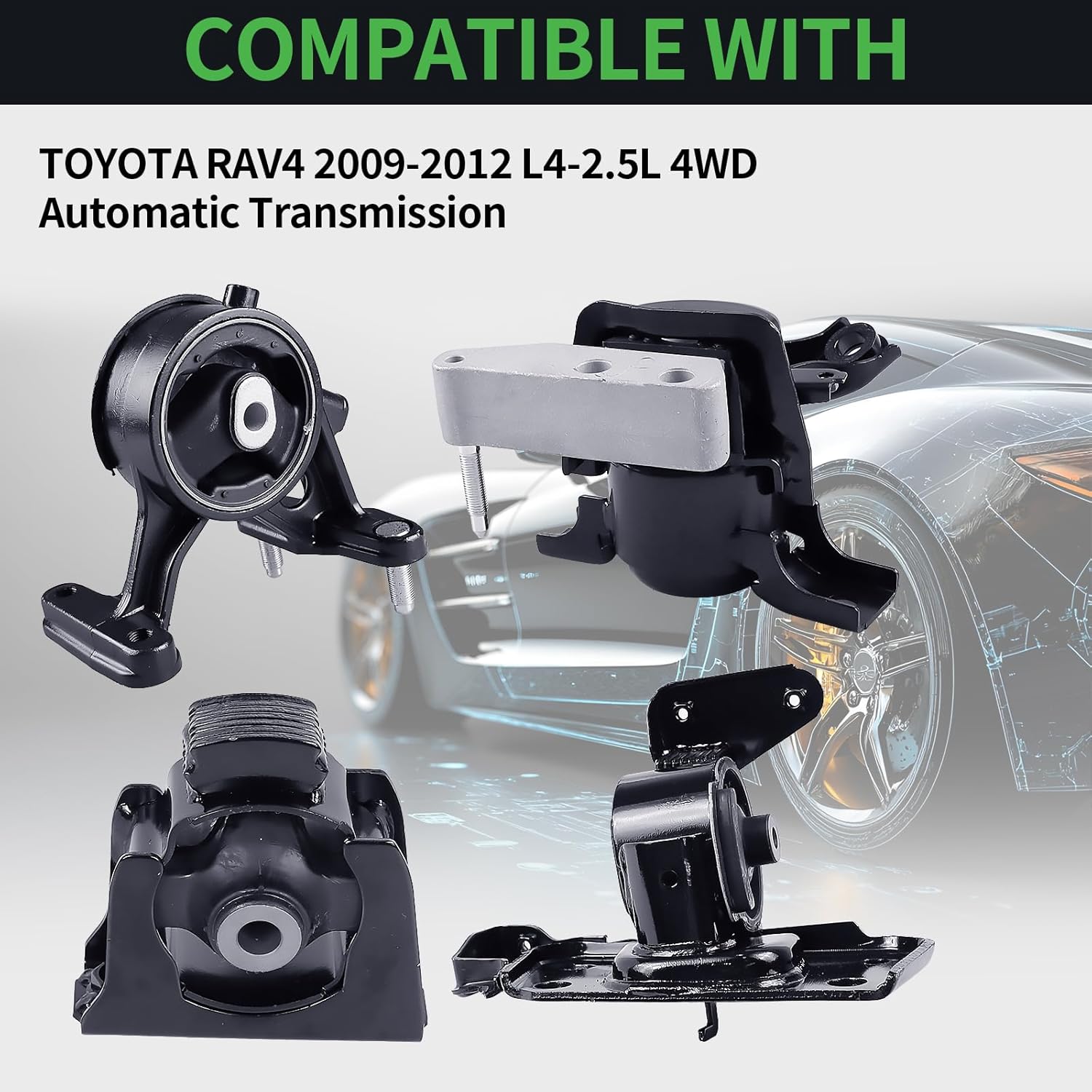 Engine Motor and Transmission Mount Kit Compatible with 2009-2012 Toyota RAV4 2.5L 4WD Automatic, Replaces 9498 9686 9518 9549 A62038 A72006 A62046 A62064