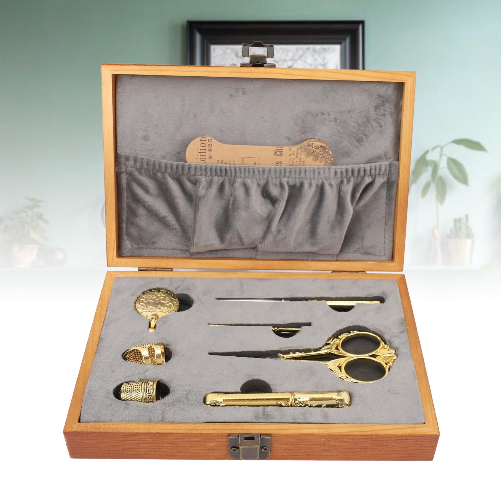 Caja de Costura de Estilo Vintage, Kit de Costura de Madera Maciza con Agujas, Dedales, Tijeras para Almacenar Artículos de Joyería Artesanal