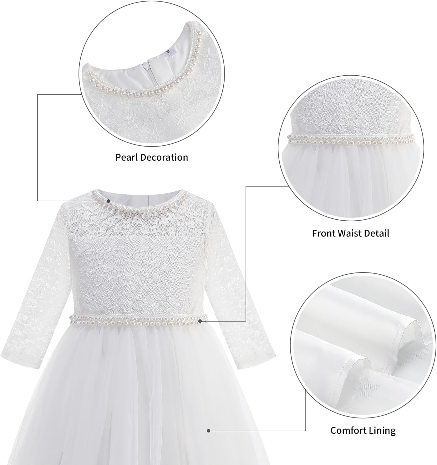 Flower Girl Dress Vintage Floral Lace 3/4 Sleeves Wedding Formal Dress Pageant Birthday Party Tulle Pearls Ball Gowns - Image 4