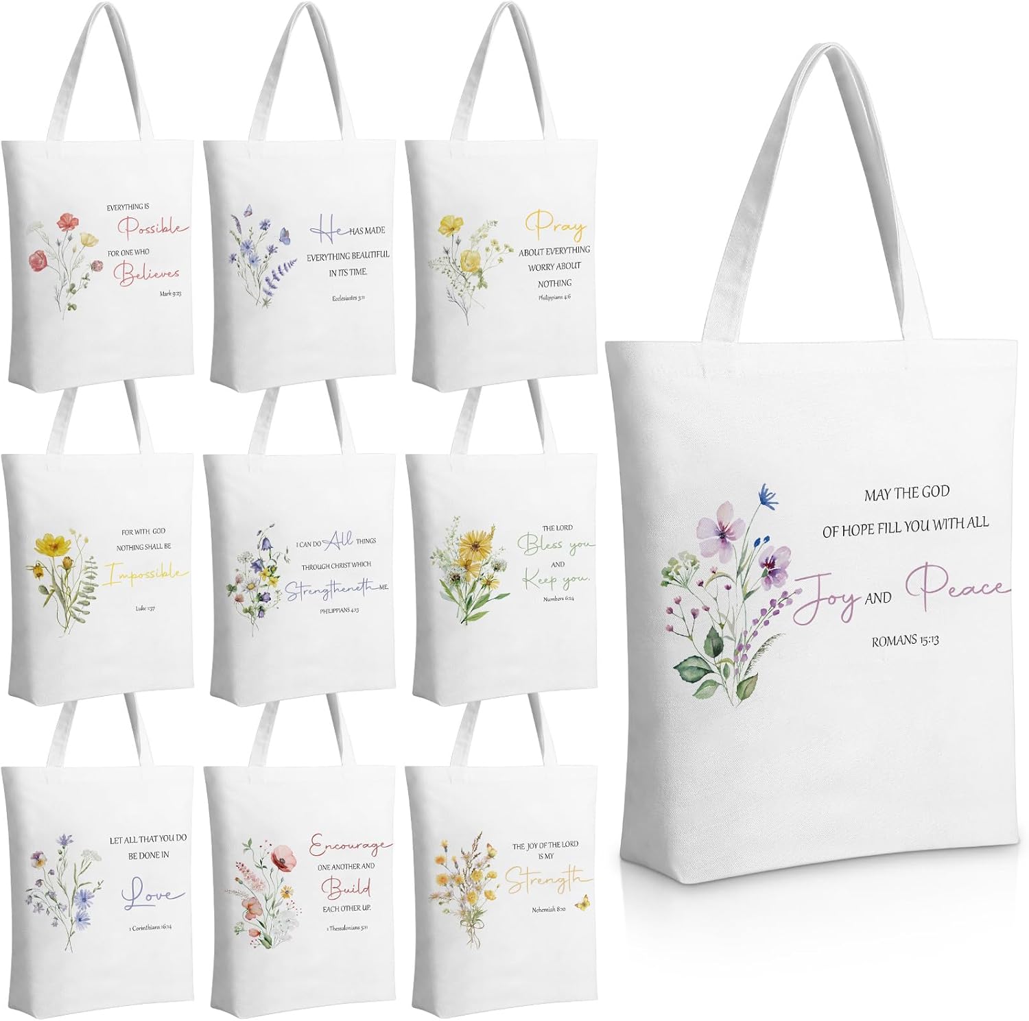10 Pcs Christian Tote Bags for Women Mother's Day Church Bible Verse Canvas Tote Bag Inspirational Religious Gift(Floral)