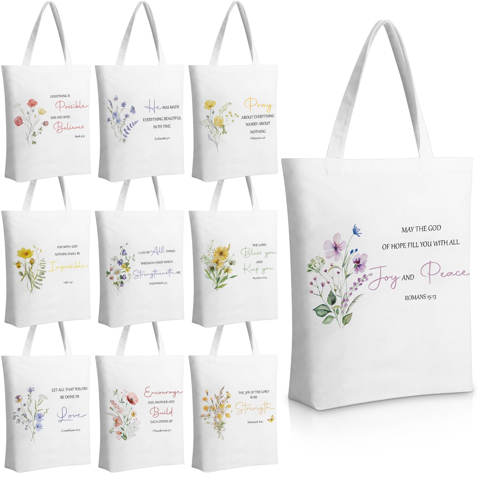 Huhumy 10 Pcs Christian Tote Bags for Women Mother's Day Church Bible Verse Canvas Tote Bag Inspirational Religious Gift(Floral)