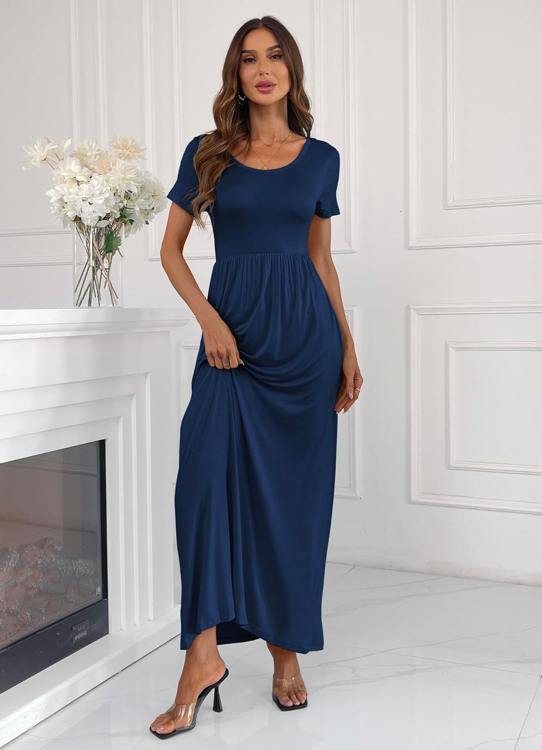 Women's Pure Color Casual Long Maxi Dress with Pockets L Navy Blue - Image 5