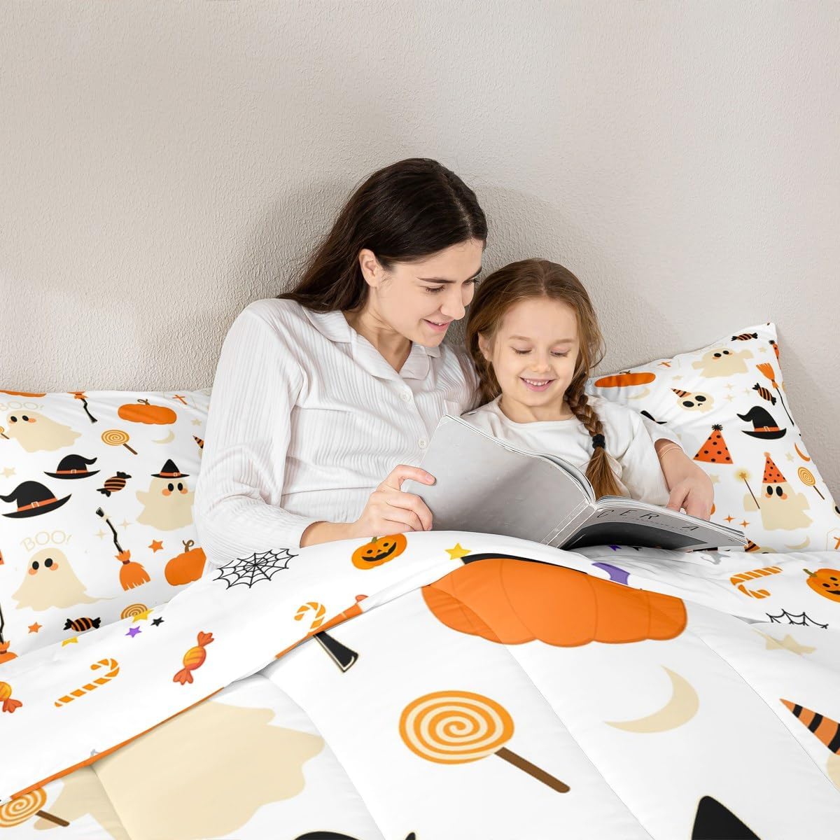 Feelyou Happy Halloween Bedding Set Twin Size Kids Cute Ghost Comforter Set for Boys Girls Teens White Horror Theme Duvet Quilt Breathable Soft Lightweight Microfiber Pumpkin Witchcraft Room Decor