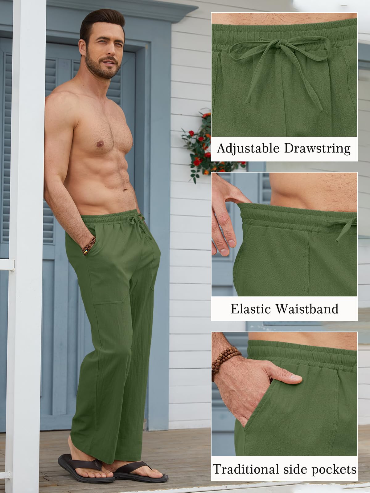 Pantalon Lino Hombre Pantalones de Verano Ligero Corte Holgado con Cintura Elástica y Cordón, con Bolsillos, para Playa, Vacaciones y Uso Diario