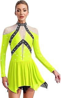 Vestido de patinaje artístico para mujer, manga larga, con purpurina, malla de color de patchwork, vestido de baile con diamantes de imitación, patinaje sobre hielo, gimnasia rítmica, traje de