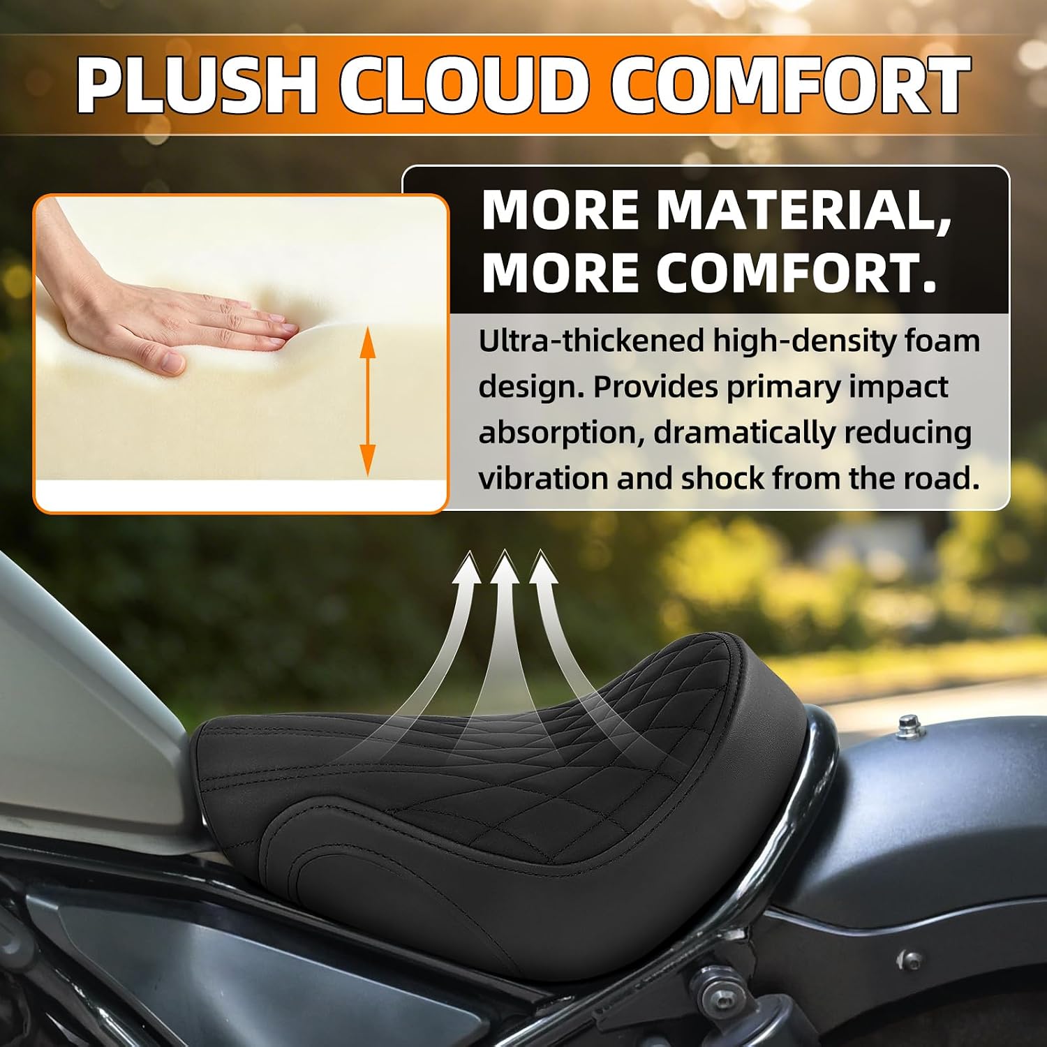 Motorcycle Seat for 2017-2026 Honda Rebel 300/500 Gel Driver Seat Cushion (Black Stitching Diamond Pattern)