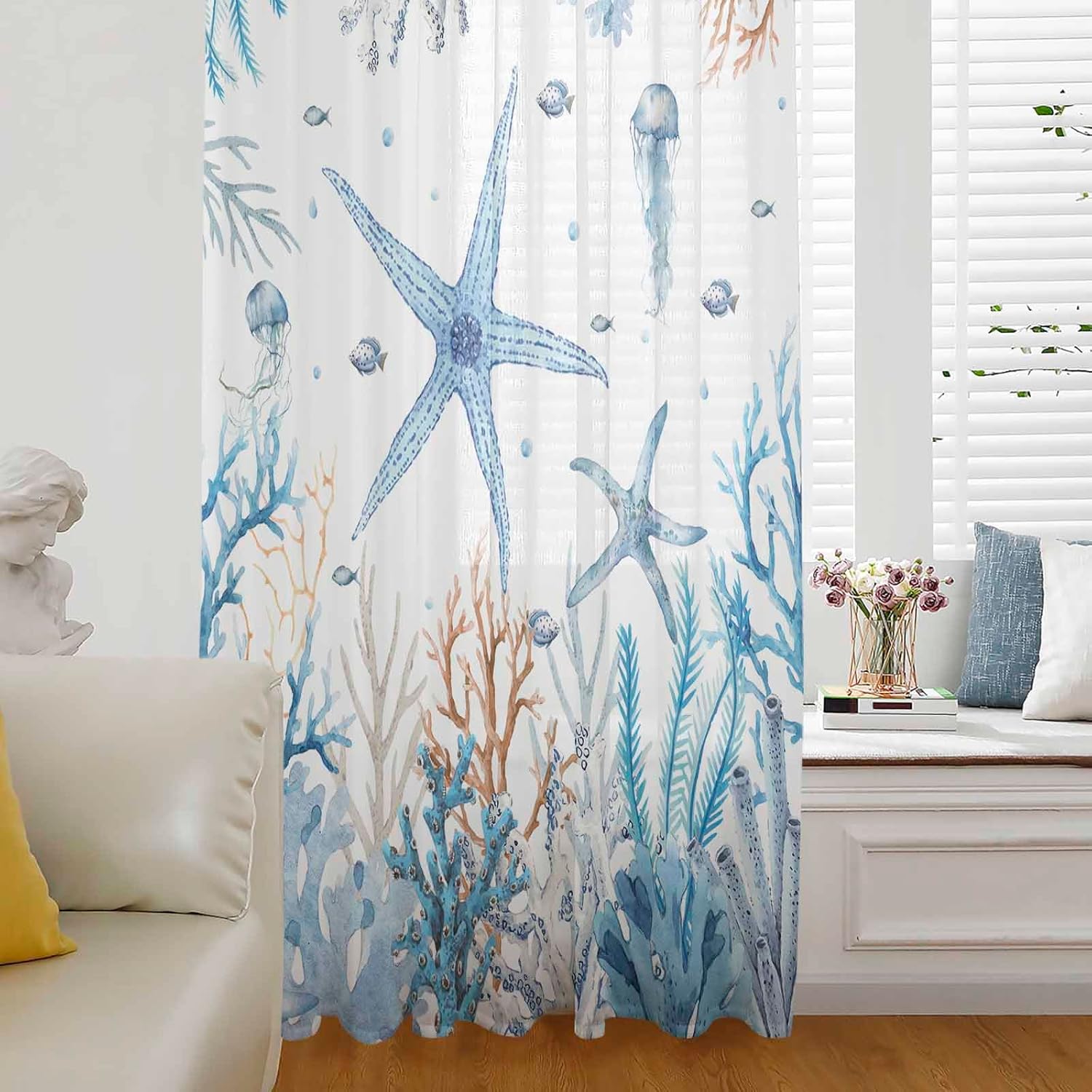 Blue Starfish Window Curtains 72 Inches Long,Semi Sheer Rod Pocket Chiffon Curtains & Drapes Drapery Voile Draperies Treatment for Living Room/Bedroom/Kitchen,Ocean Coral Sea Fish Jellyfish Watercolor
