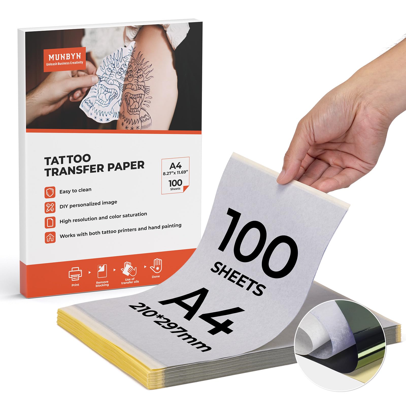 MUNBYN Tattoo Transfer Paper 100 Sheets, A4 Size Tattoo Stencil Paper, 4-Layer Stencil Papers for Tattooing, Tattoos Kit Supplies, Compatible with ITP05/ITP06/M08F/P90/MHT-P8009 Printer