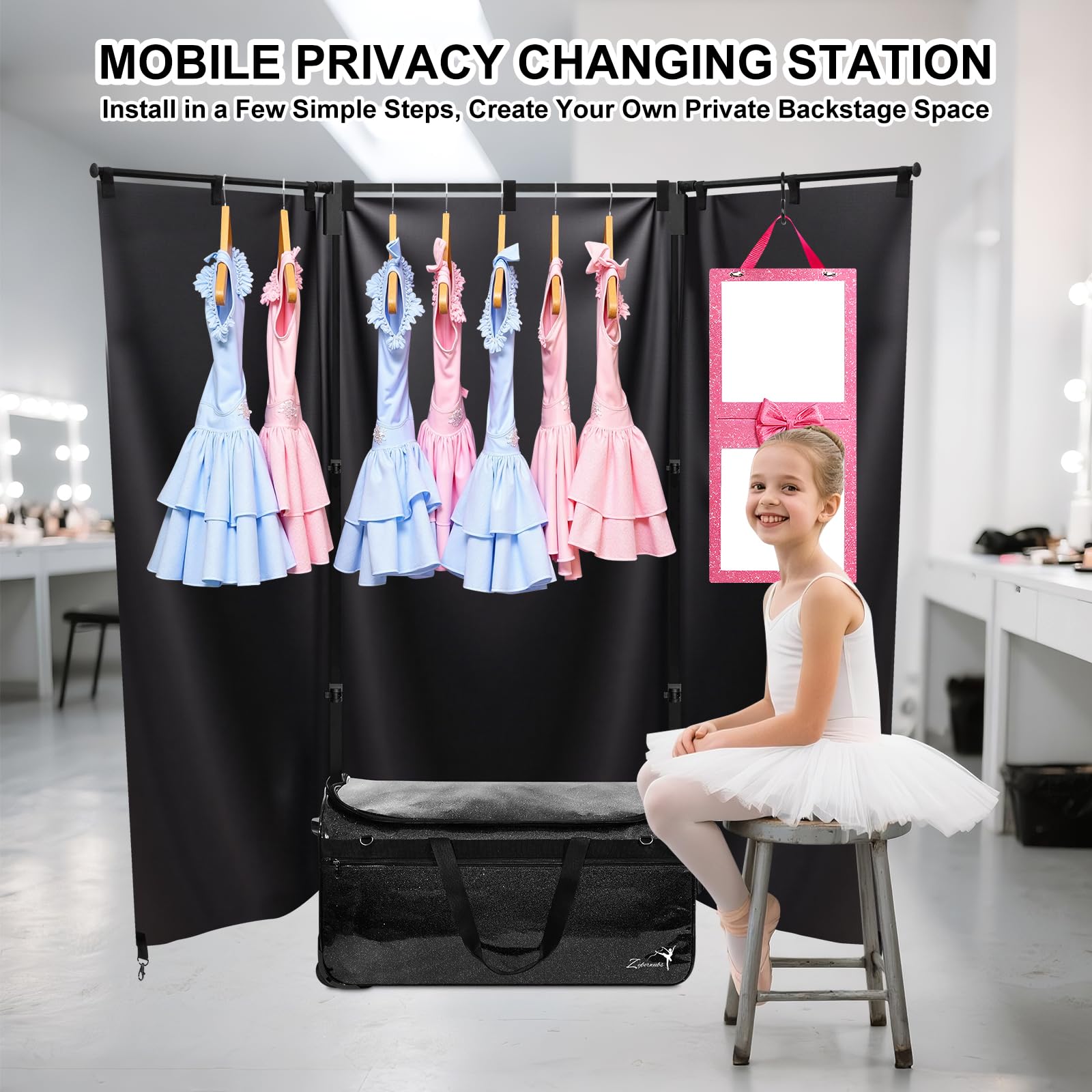 Sac de danse avec porte-vêtements - Grand sac à vêtements de danse avec roulettes pour danseuses / filles / femmes - Sac de voyage pliable - Indispensable pour les compétitions de danse, Noir - 71 cm