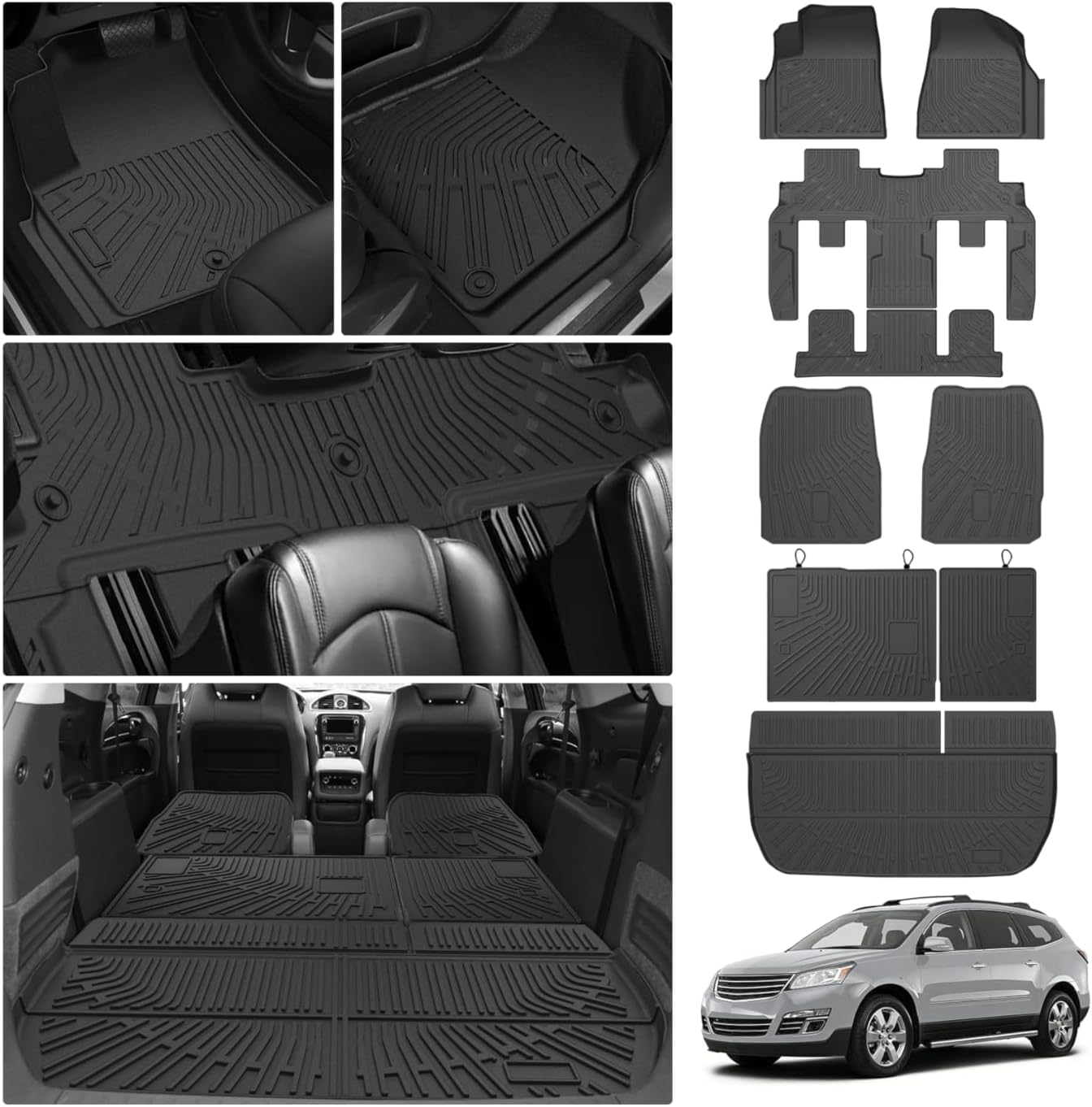 Traverse Floor Mats - Car Mats for Chevy Traverse 2009-2017, All Weather Full Set Cargo Liner with Backrest Mat for Traverse Accessories, Heavy Duty Waterproof, Black