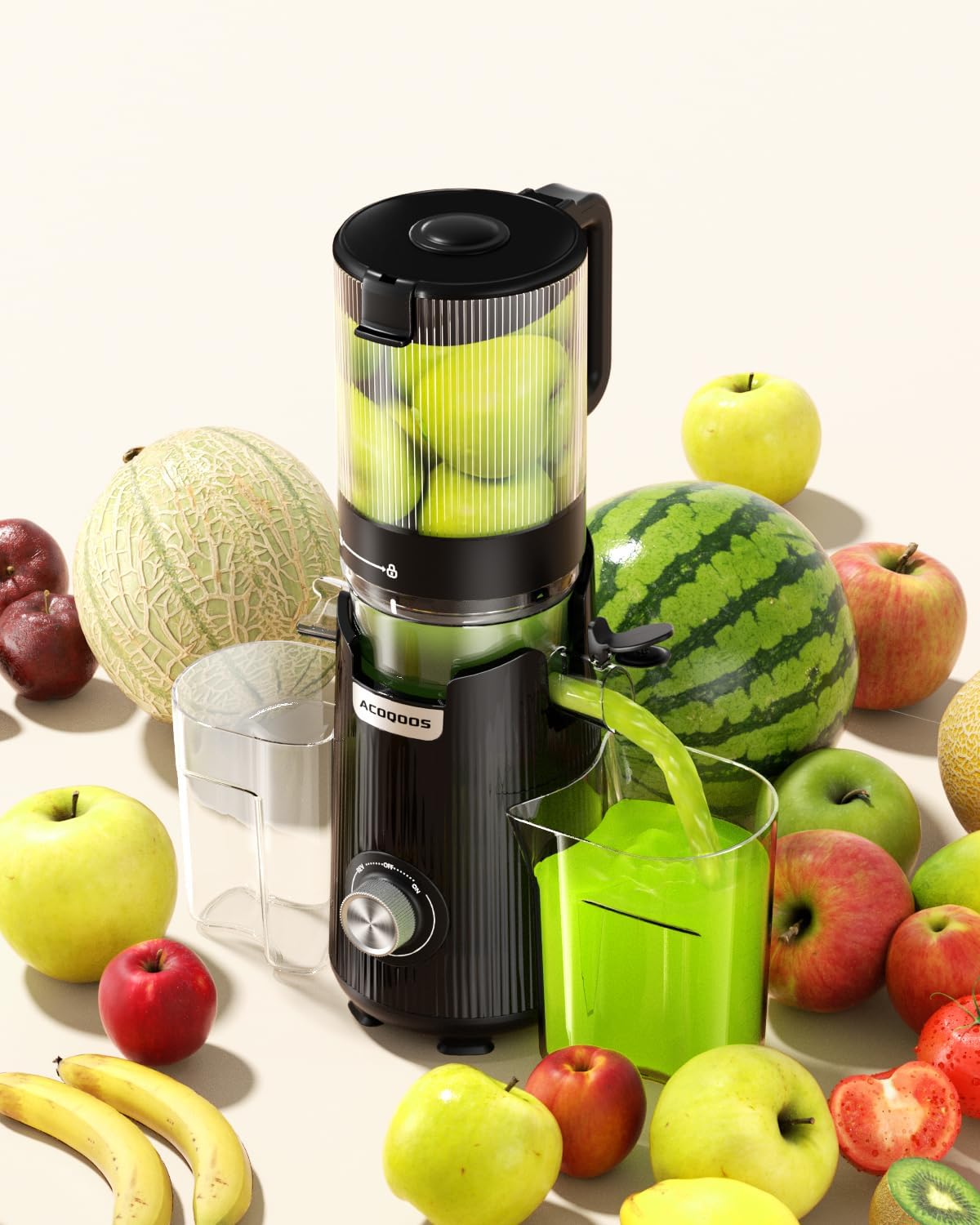 Cold Press Juicer, Auto Feed & Pre-cut, 55 RPM Slow Masticating High Juice Yield Juicer Machines, Easy to Clean, 5.3" Wide Chute, 1.8L Hopper with 2 Cups, Black