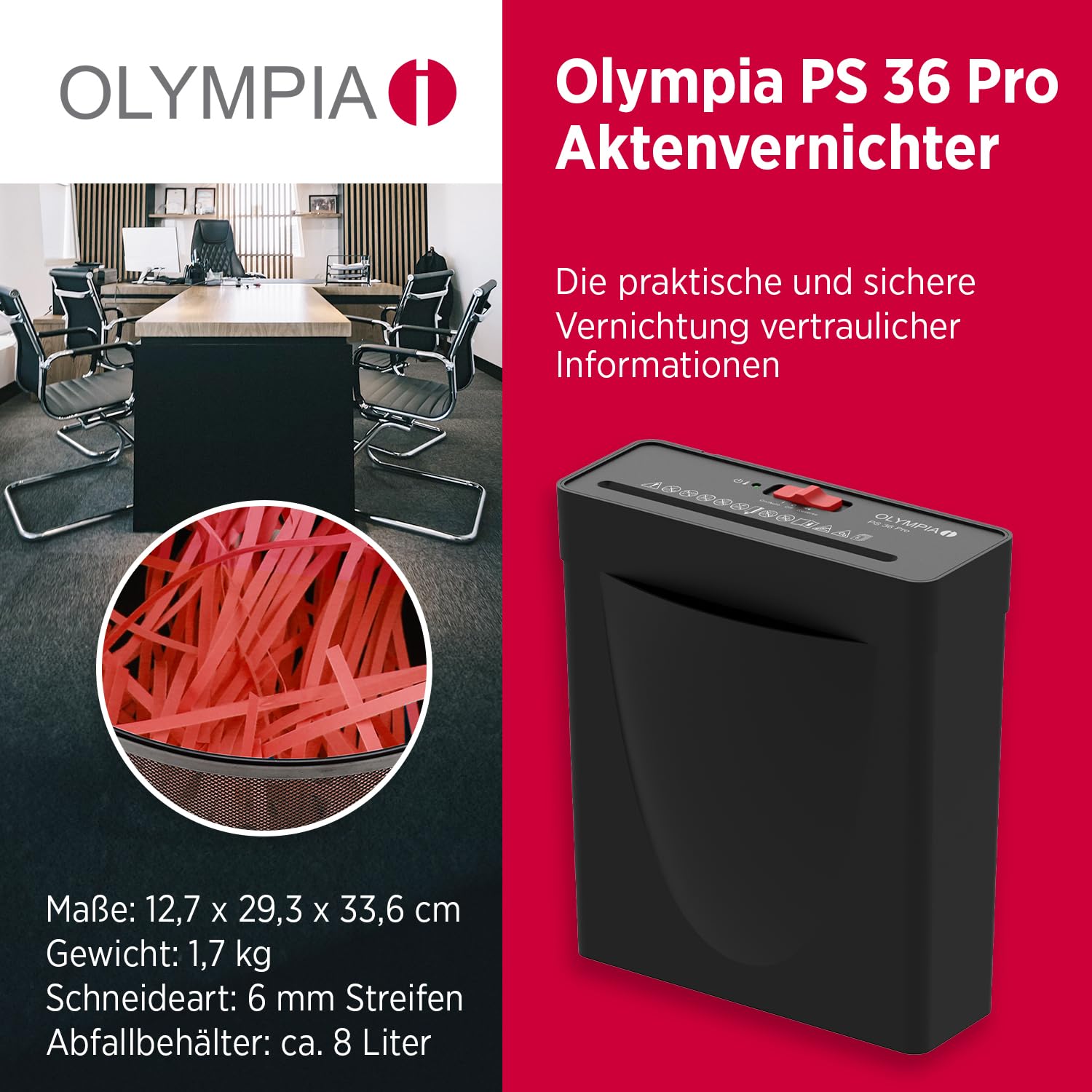 OLYMPIA PS 36 Pro Aktenvernichter | Papierschredder mit Streifenschnitt 6 mm | Schredder Aktenvernichter für Zuhause | Shredder Papier 6-Blatt | Paper Shredder | Mit universalem Aufsatz