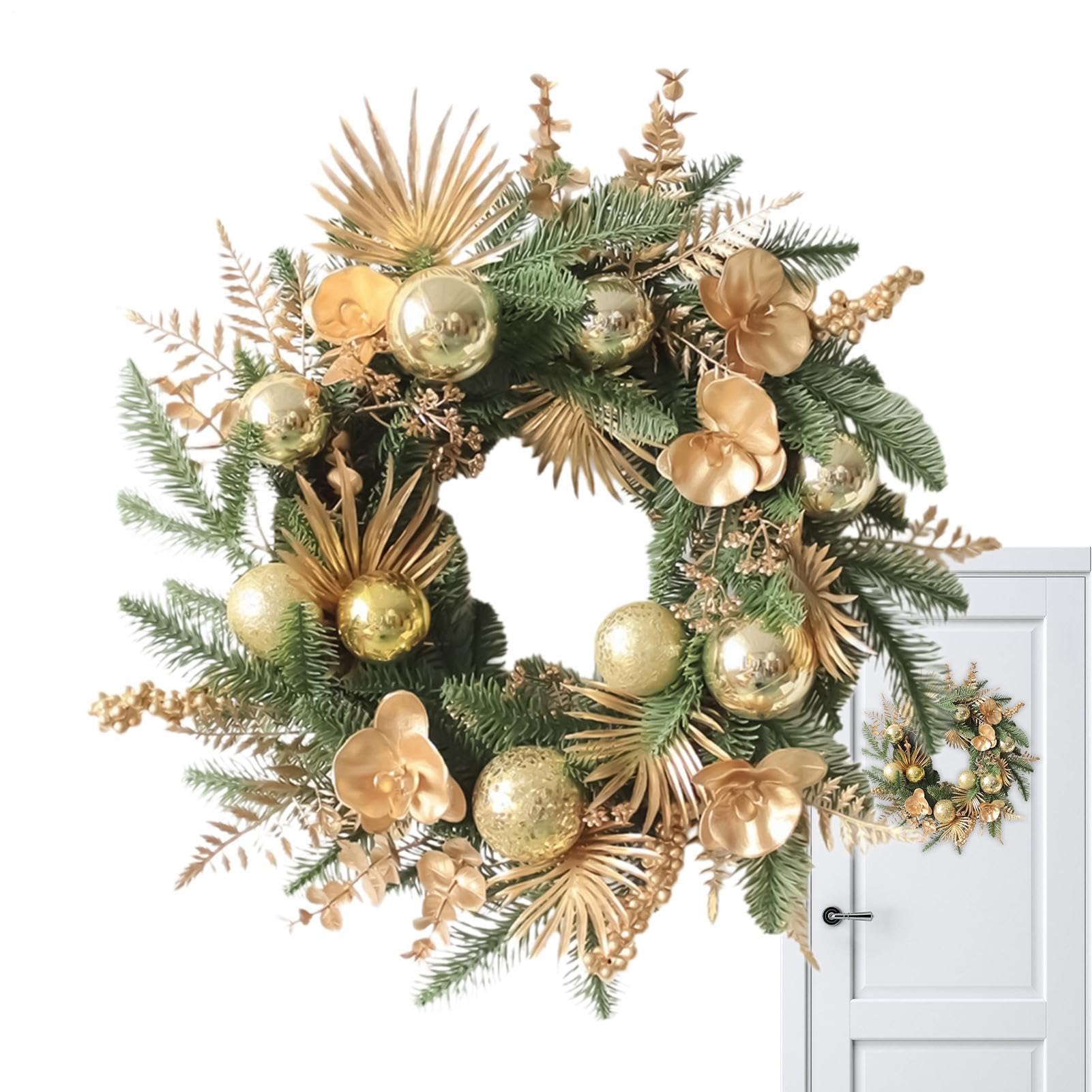 Couronne de Noël en pin avec boule dorée pour décoration de fenêtre