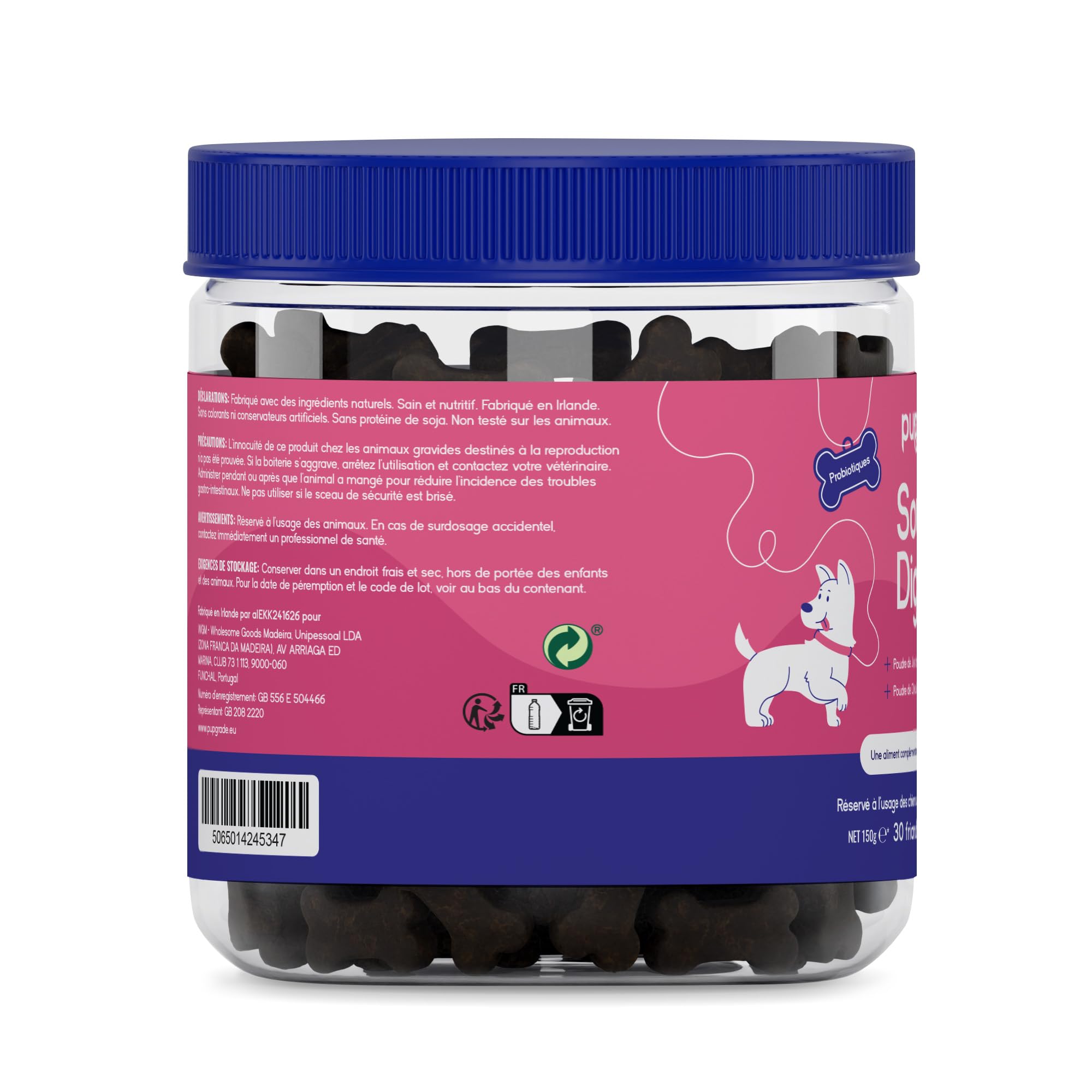 PupGrade Soutien Digestif pour Chiens – Aliment Complémentaire 8 Ingrédients Actifs – Maux Estomac, Diarrhée, Intestins, Soutien Immunitaire – Citrouille, Myrtille, Huile Lin – 30 Friandises Molles