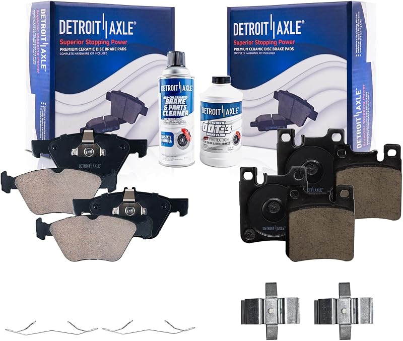 Pastilhas de freio cerâmicas dianteiras e traseiras Detroit Axle para Mercedes-Benz CLK320, CLK430, E320, E420 e E430 – Kit