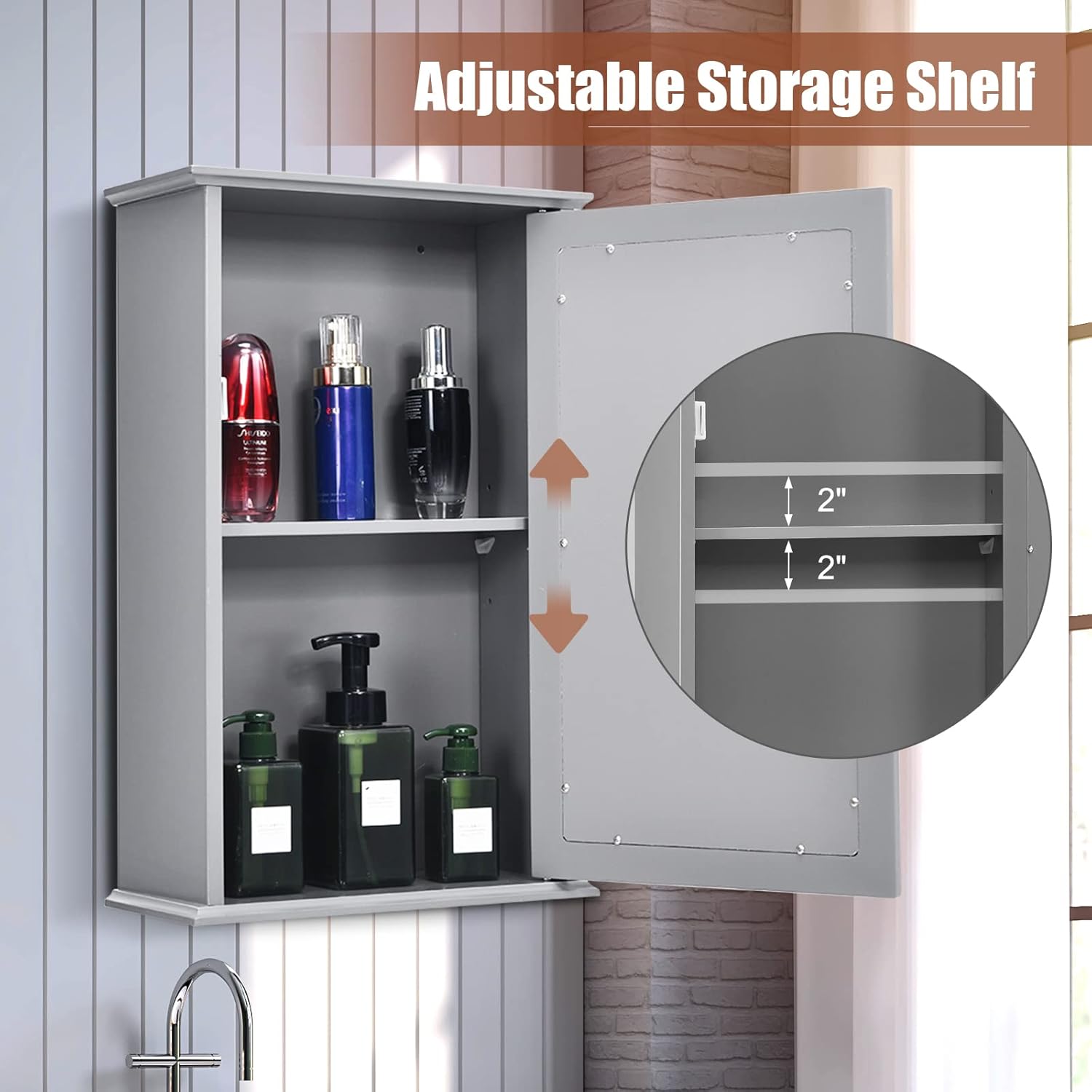 Mirrored Bathroom Wall Cabinet, Wall-Mounted Storage Cabinet with Single Mirror Door, Lockable Medicine Cabinet with Adjustable Shelves (Grey)