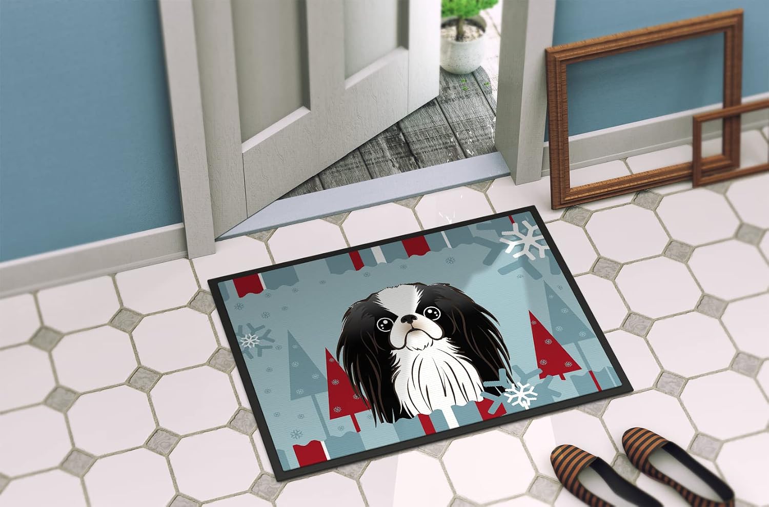 Caroline's Treasures BB1726JMAT Winter Holiday Japanese Chin Doormat 24x36 Front Door Mat Indoor Outdoor Rugs for Entryway, Non Slip Washable Low Pile, 24H X 36W