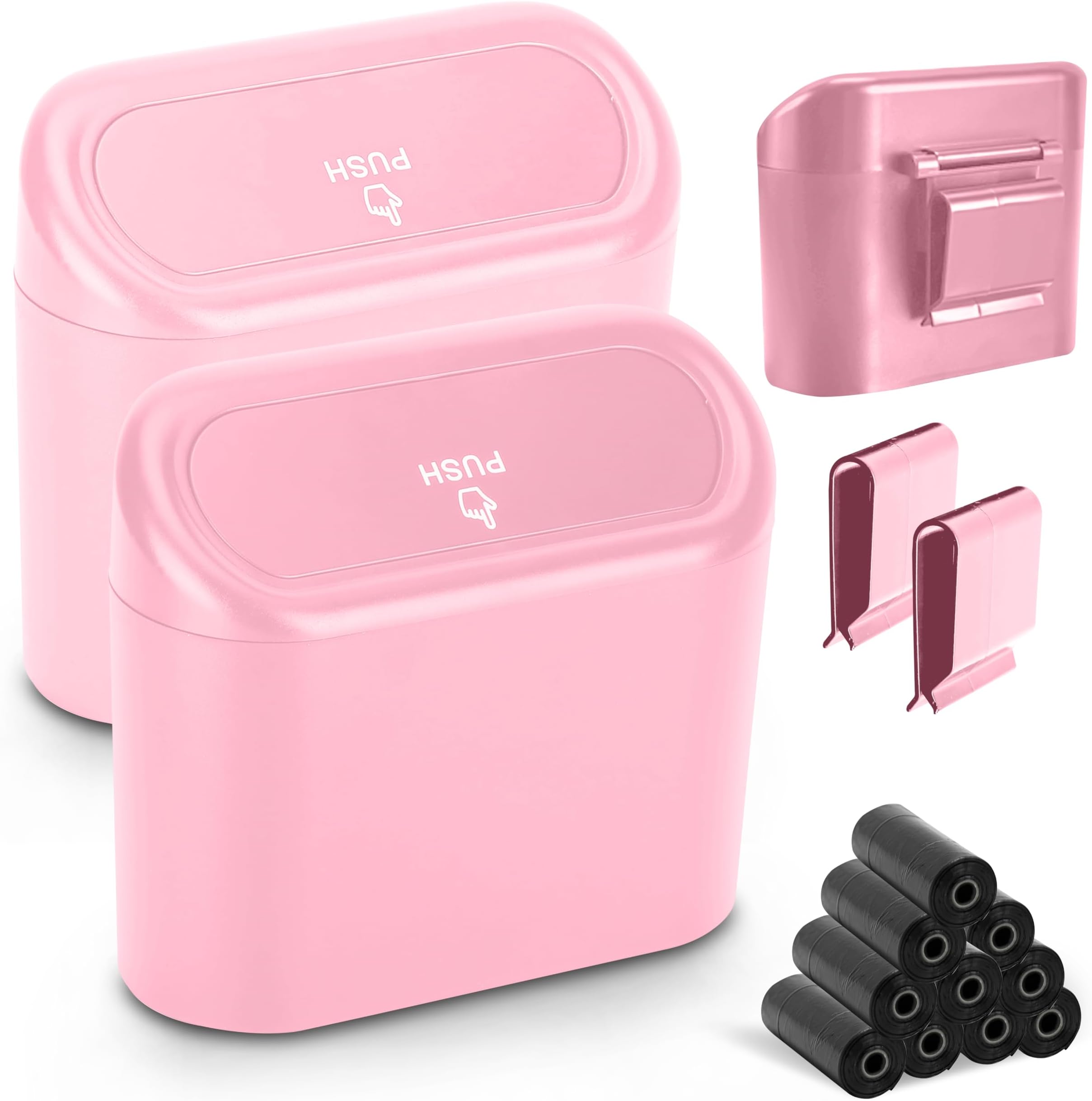 EcoNour 2-Pack Mini Car Trash Can with Lid & 20 Rolls of Trash Bags | Compact Auto Trash Can for Car Door, Back Seat, Truck & SUV | Pink Trash Can | Pink Car Accessories for Women