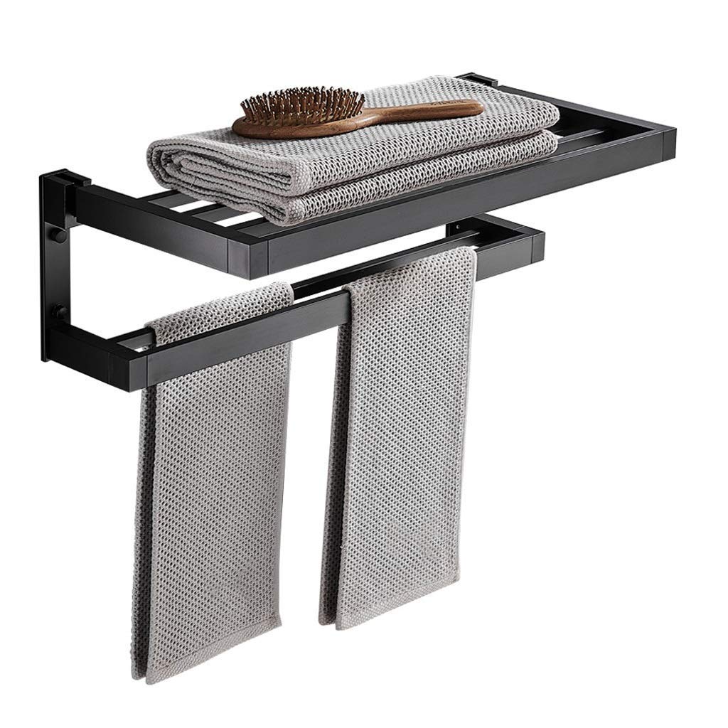 LMYSXAOZ LNNSHX Towel Holder Aluminum Rack 2 Tiers Foldable Bathroom Wall Stand Home Hotel Storage Shelf (Color : Black, Size 37cm) (Black 57cm)
