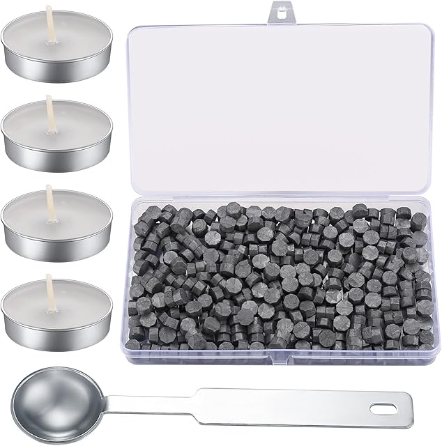 325 Pcs Sealing Wax Beads Sticks Set, Octagon Wax Seal Set with 4 Pcs Tea Candles, Wax Melting Spoon, for Wax Seal Stamp, Letter Beads (silver)
