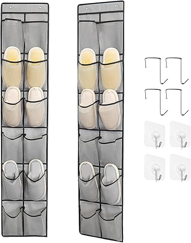 Organizador de zapatos sobre la puerta, 12 bolsillos grandes de malla para colgar puerta estrecha de armario, blanco, paquete de 2 (gris)