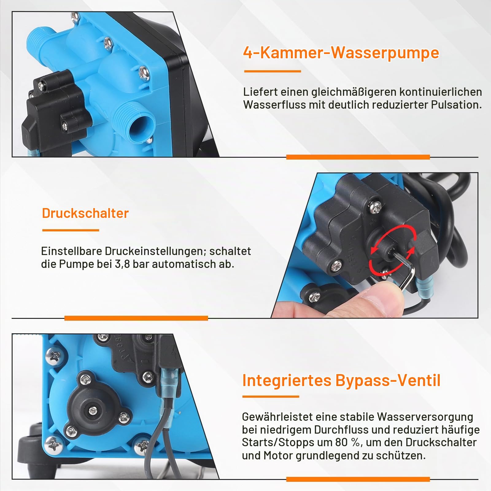 CPROSP Druckwasserpumpe 12v Wohnmobil 17L/min 60W, Membranpumpe Förderhöhe: 40M, Wasserpumpe Selbstansaugend Druckschalter 3.8Bar (55Psi), 4-Kammer-DC-Wasserpumpe für, Yacht, Camper, Marine, IP65