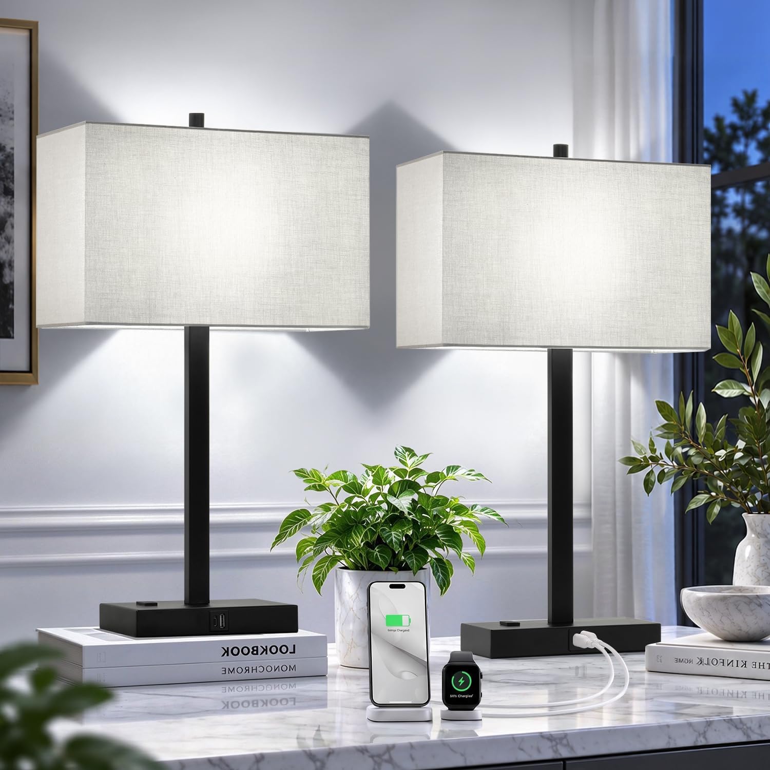 Lynnoland Set of 2 Touch Control Table Lamps with 2 USB & AC Outlet, 3-Way Dimmable Bedside Nightstand Lamps for Bedroom Living Room Nursery, 800 Lumens 5000K Daylight Bulbs Included