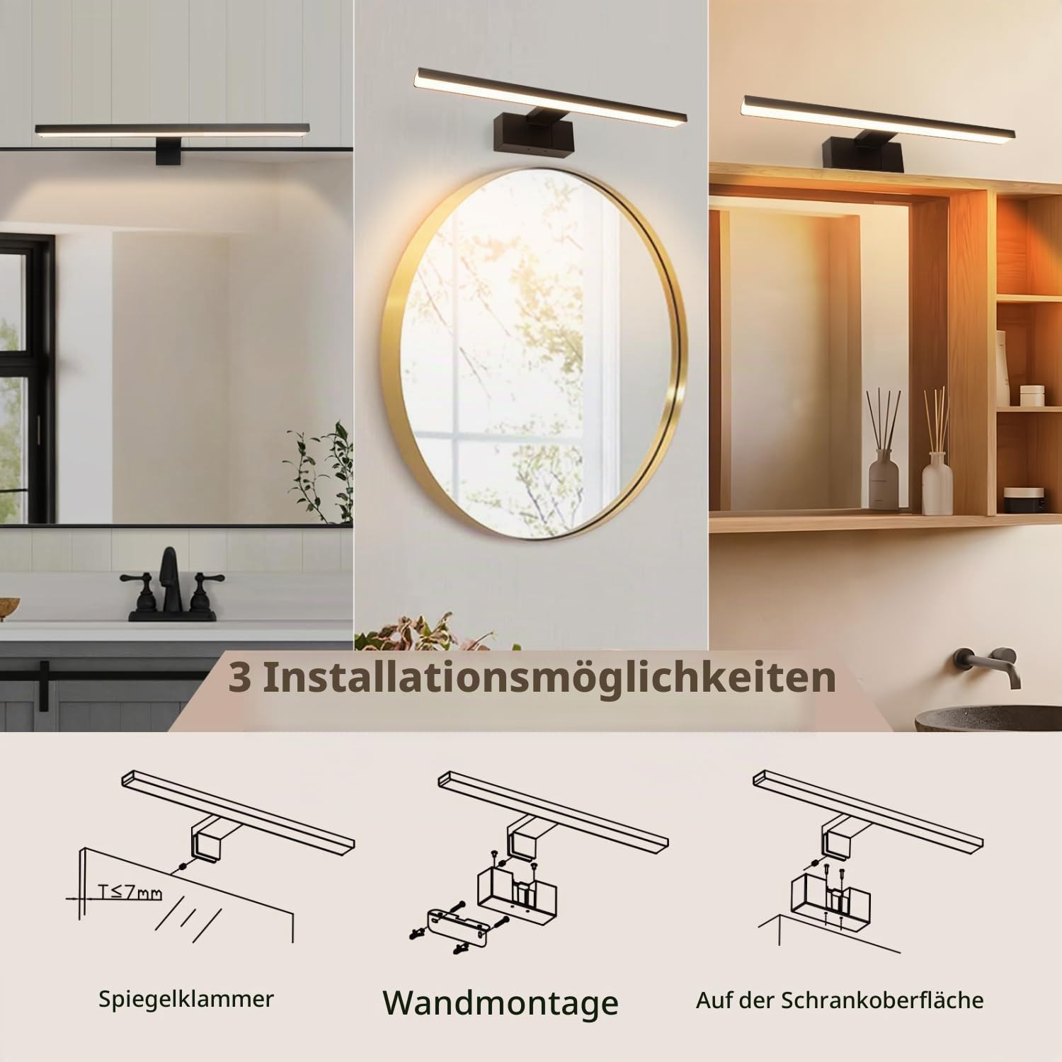 Aigostar LED Spiegelbeleuchtung 40cm – 8W 560LM Warmweiß 4000K， IP44 Badezimmer-Wandleuchte Schwarz， 230V (Licht für Spiegel/Make-up-Bereich)