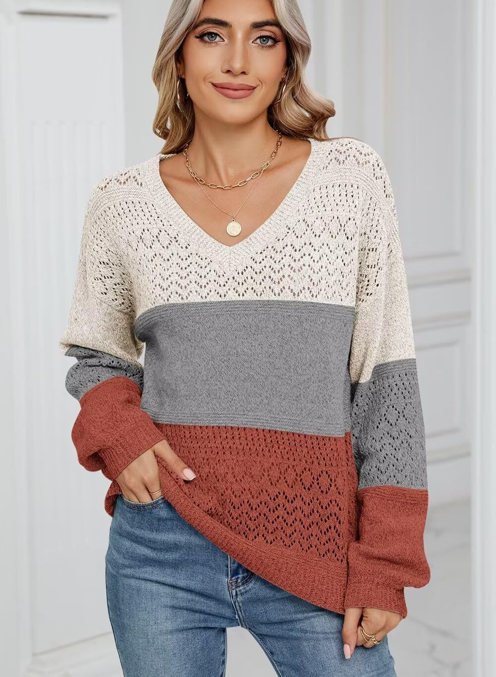 FEKOAFE Womens Sweaters 2026 Fall V Neck Long Sleeve Hollow Knit Pullover Sweaters for Women - Image 4