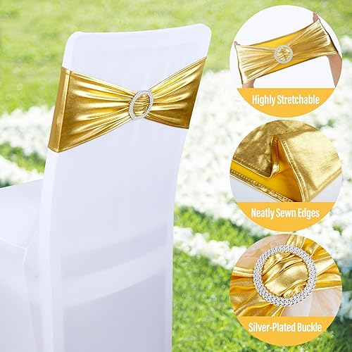 Miniatura 6 de Bandas para silla de elastano dorado metálico, 50 lazos elásticos de alta calidad con hebilla deslizante, bandas elásticas universales para silla