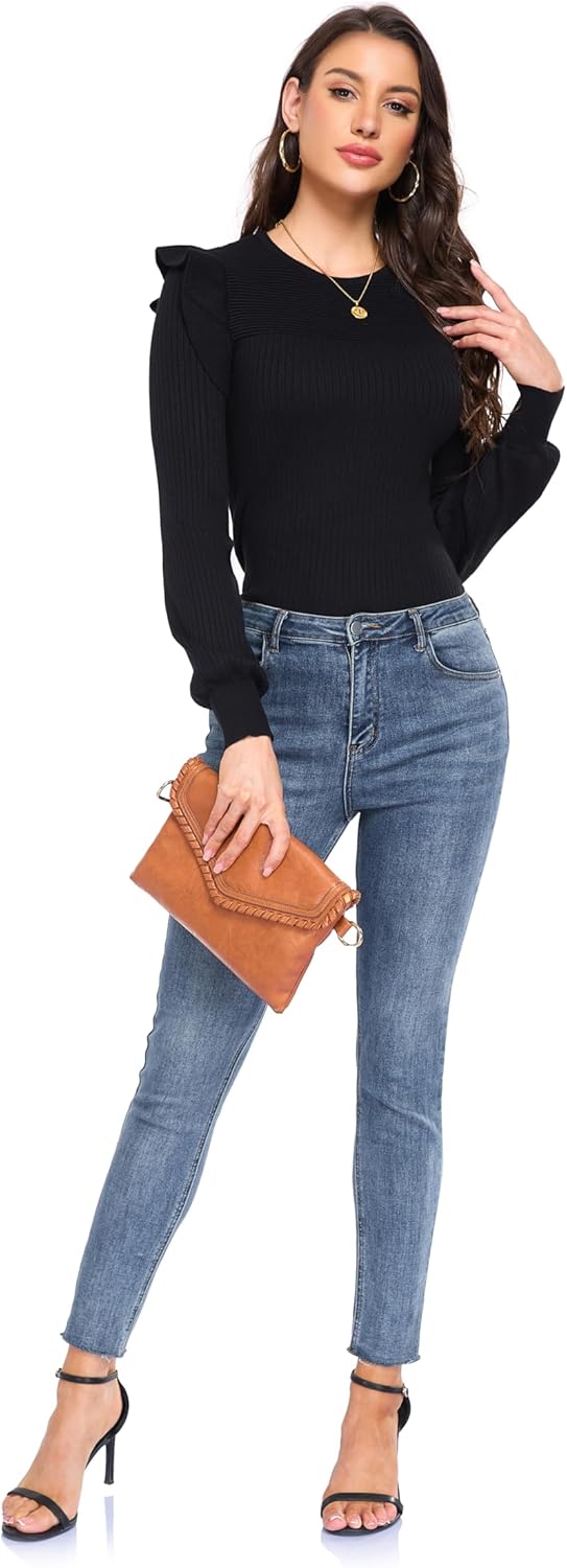 Women's Ruffle Long Sleeve Sweaters Crew Neck Lightweight Sweater Fall Trendy Ribbed Knit Pullover Tops - Image 6
