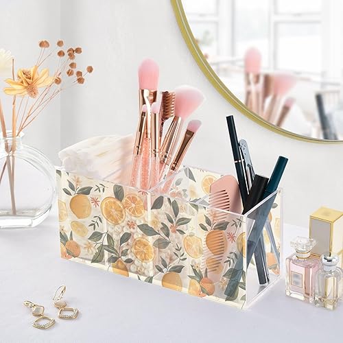Miniatura 5 de CHIFIGNO Decorative Pencil Pen Holder for Desk, Oranges and Leaves Pen Holder Pen Cup, Acrylic Makeup Brush Cup 4 Compartments for Office Classroom