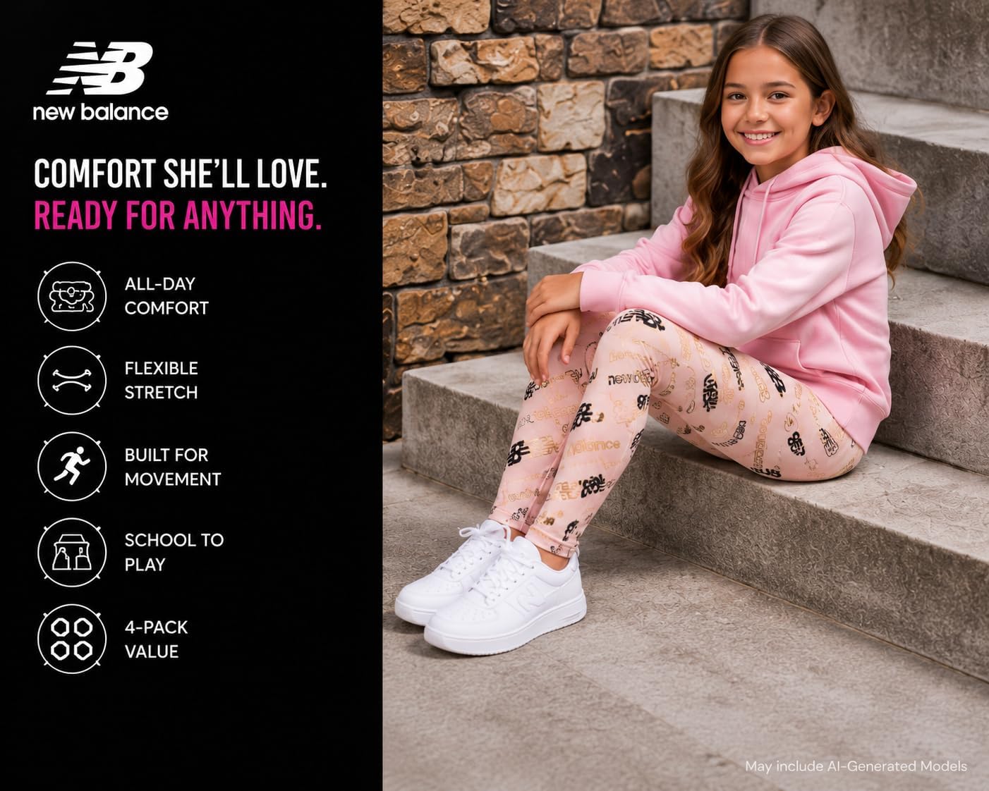 New Balance Girls Athletic Leggings - 4 Pack Active Performance Girls Leggings Yoga Pants for Dancing & Outdoor Play